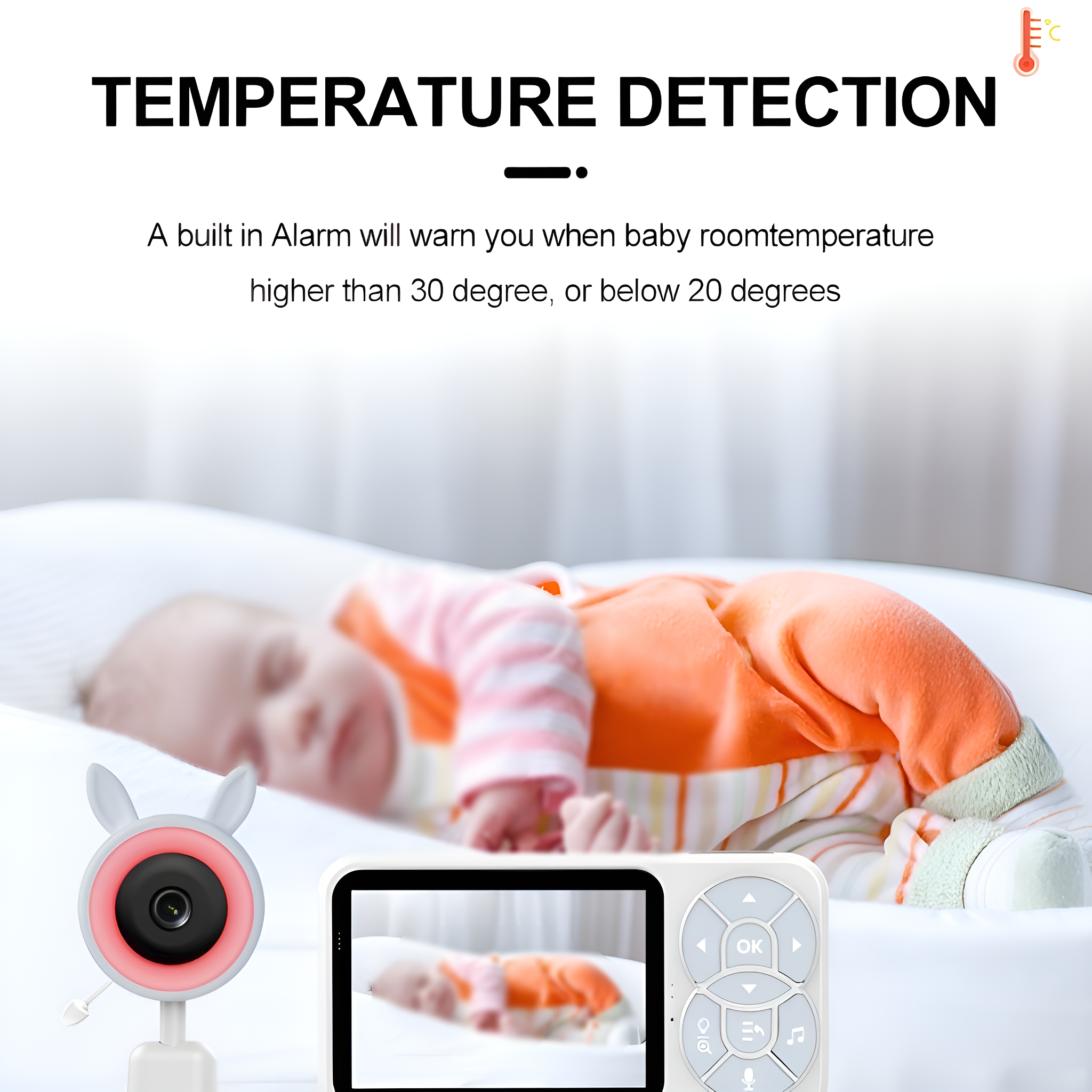 Babyphone: Kamera mit Baby im Bettchen, Bildschirm mit Baby, Bedienknöpfe.