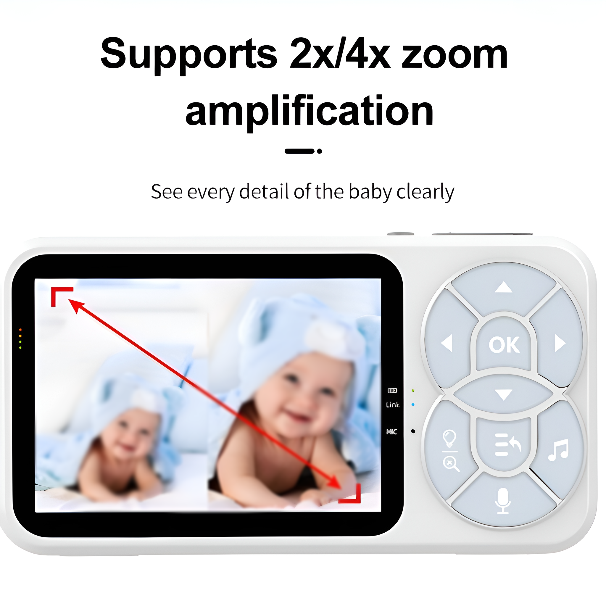 Babyphone mit Bildschirm, der zwei Babys zeigt, und Bedienelementen rechts.