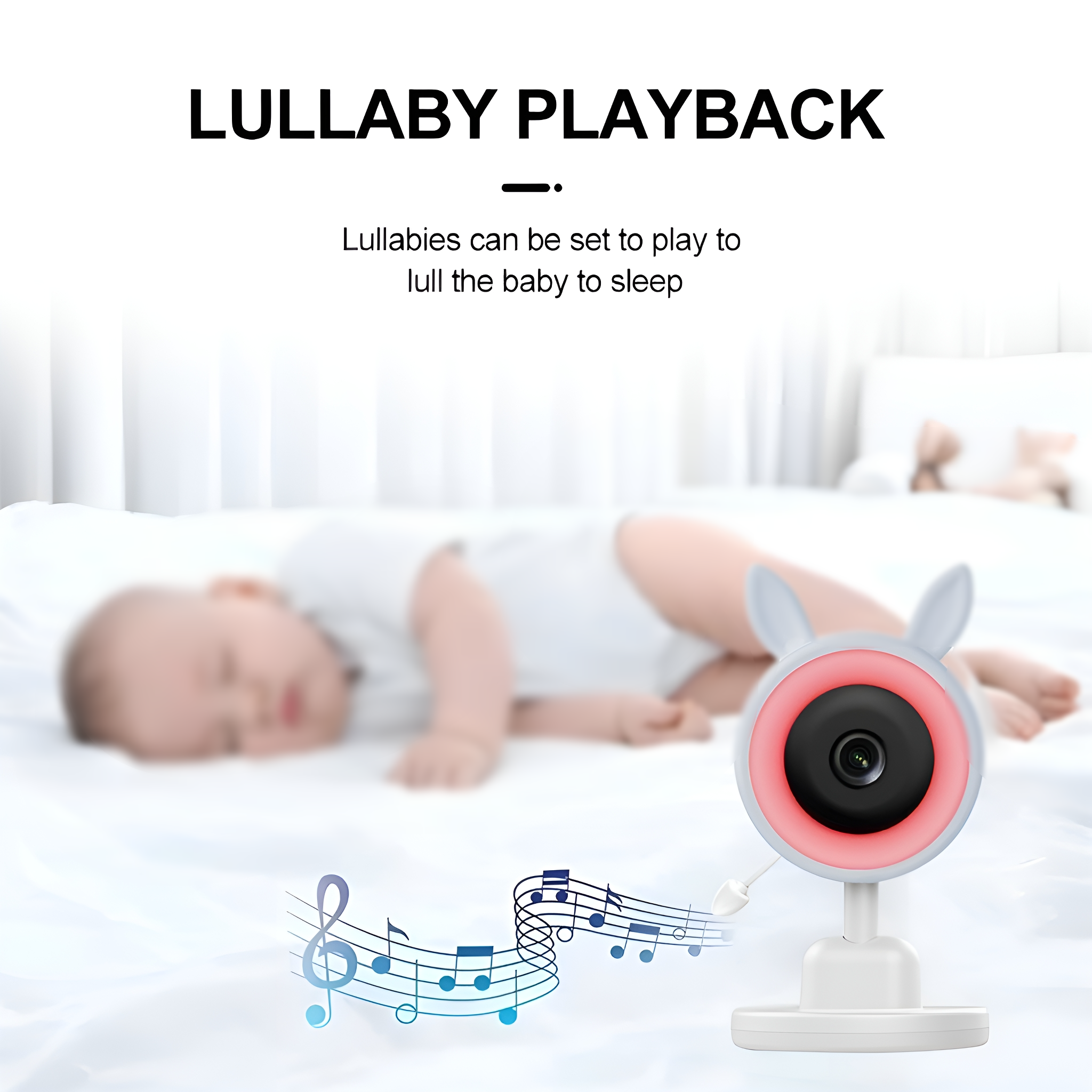 Ein Babyphone mit Kamera, das im Hintergrund ein schlafendes Baby und Noten zeigt.