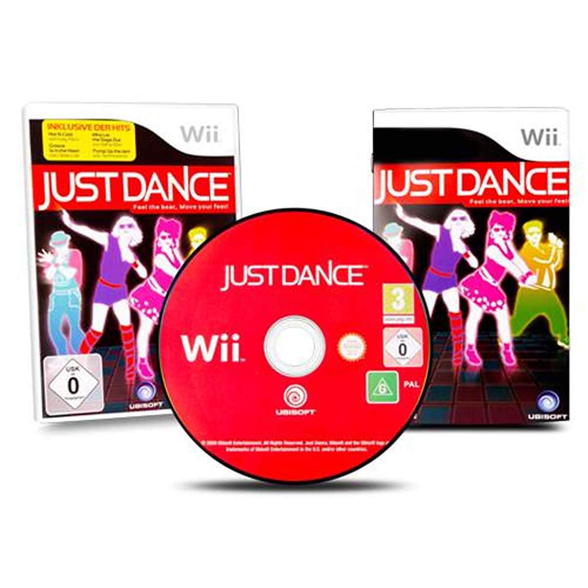 Just Dance Wii Spielbox und Disc. Das Cover zeigt Tänzer. Die Disc ist rot, mit dem Titel des Spiels.