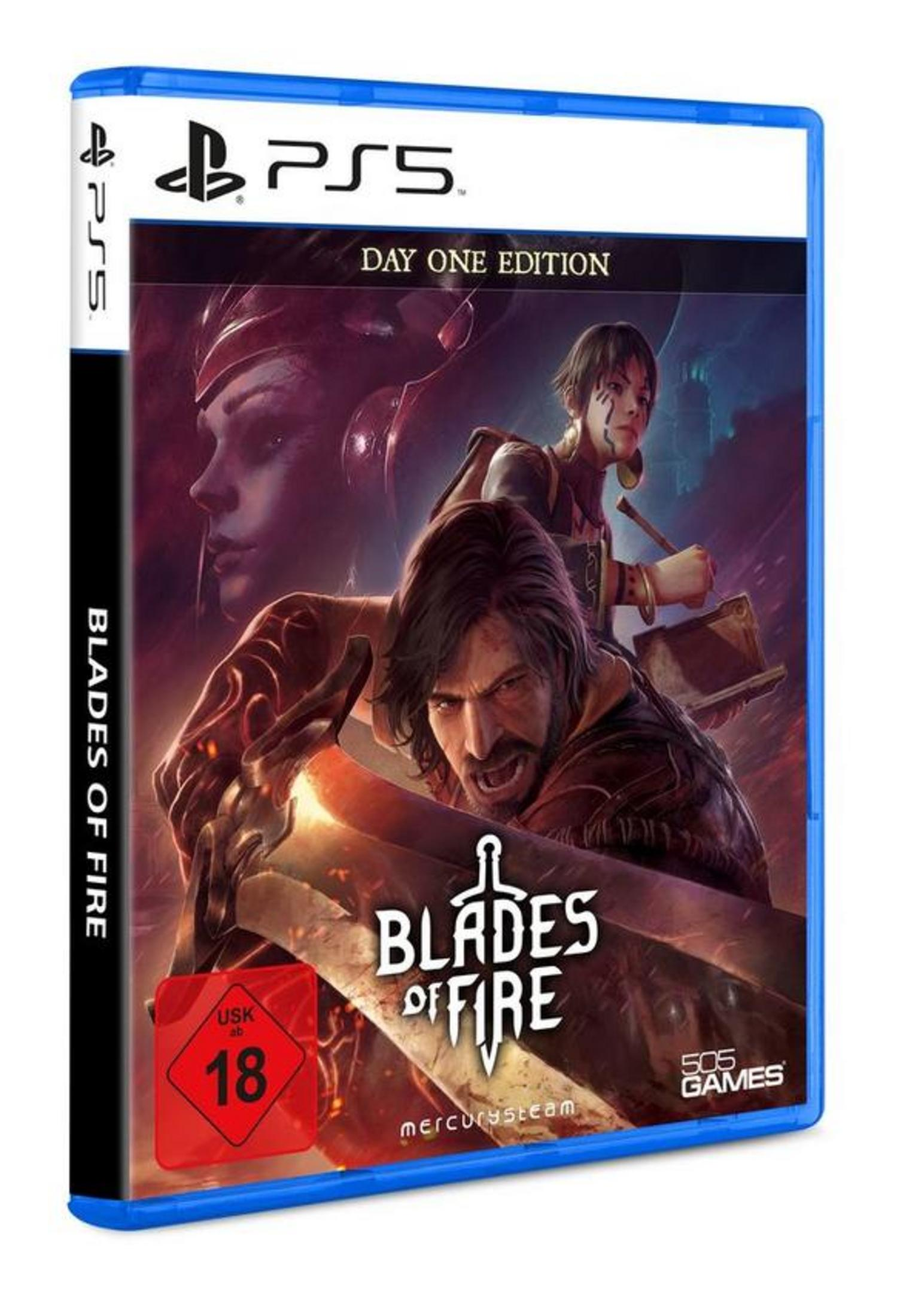 PS5-Spielbox für Blades of Fire. Das Cover zeigt eine Frau und zwei Männer mit Schwertern.