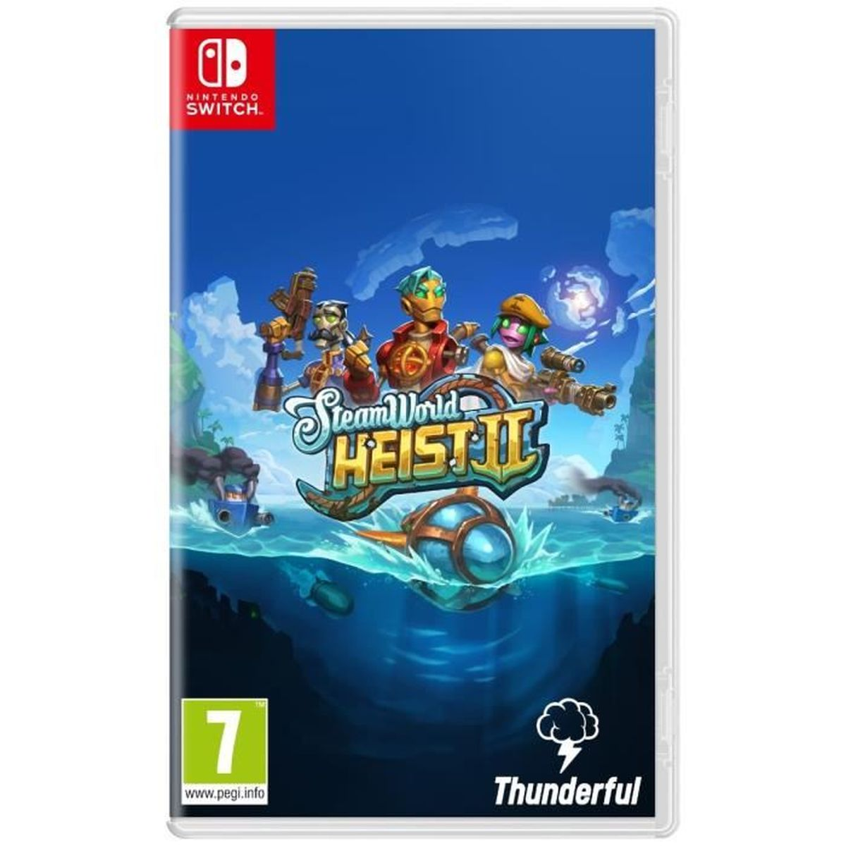 Una scatola di gioco per Nintendo Switch per 'SteamWorld Heist II'. La copertina mostra personaggi nello spazio, su sfondo blu.