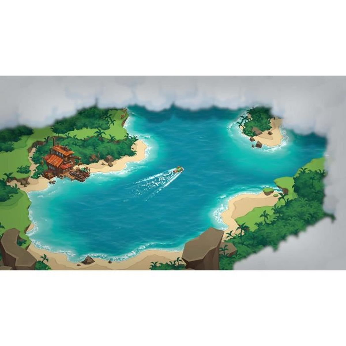 Vista aerea di un'isola tropicale. Una barca si muove nell'acqua blu. Alberi verdi e spiaggia sabbiosa.