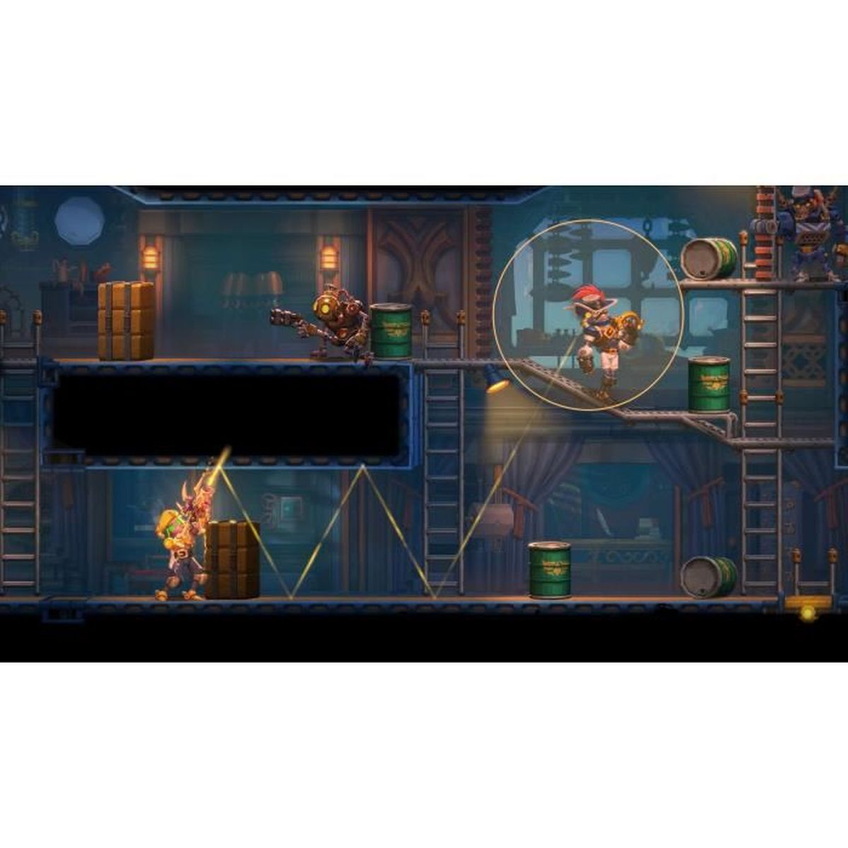 Una scena di videogioco con personaggi dei cartoni animati. La scena ha più livelli con scale.