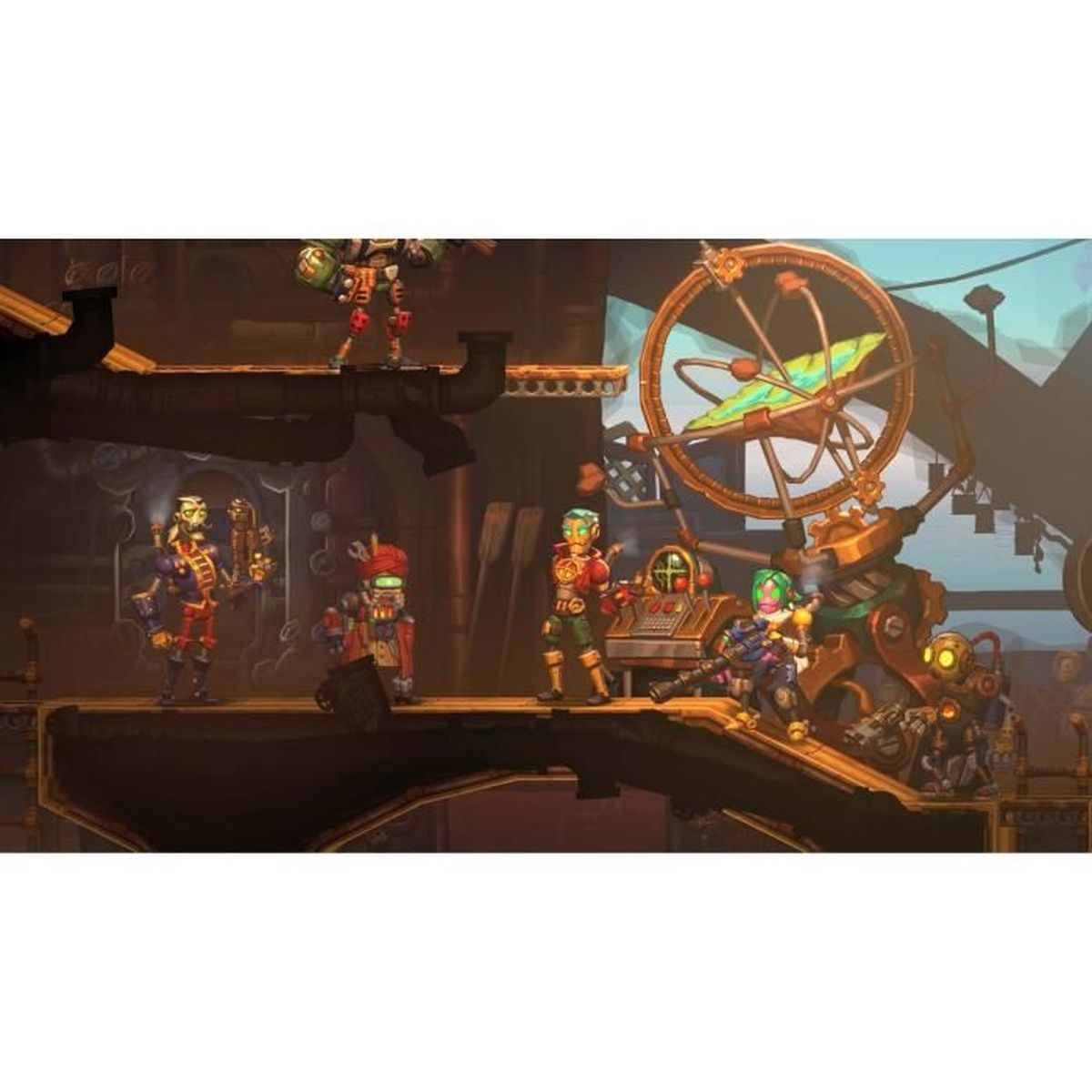 Una scena di videogioco con personaggi su una piattaforma. I personaggi sono in un'ambientazione steampunk.