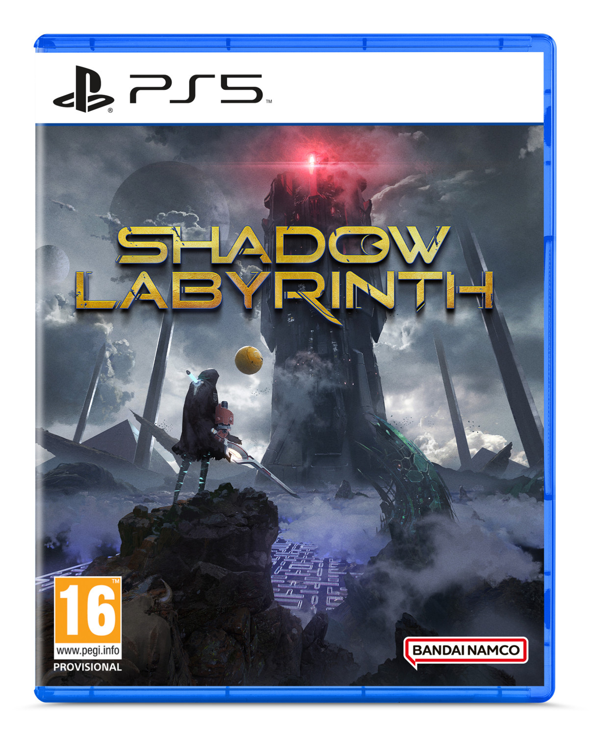 Una scatola di videogiochi con il titolo 'Shadow Labyrinth'. Ha un tema oscuro e futuristico.