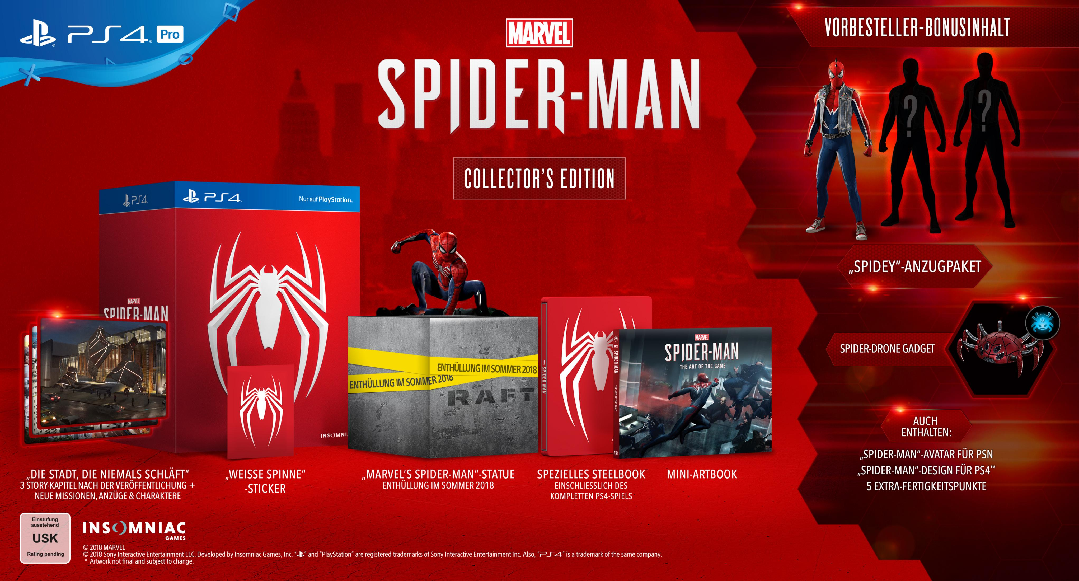 Spider-Man-Spiel-Collector's Edition. Rotes Design, verschiedene Artikel: Spiel, Statue und Extras.