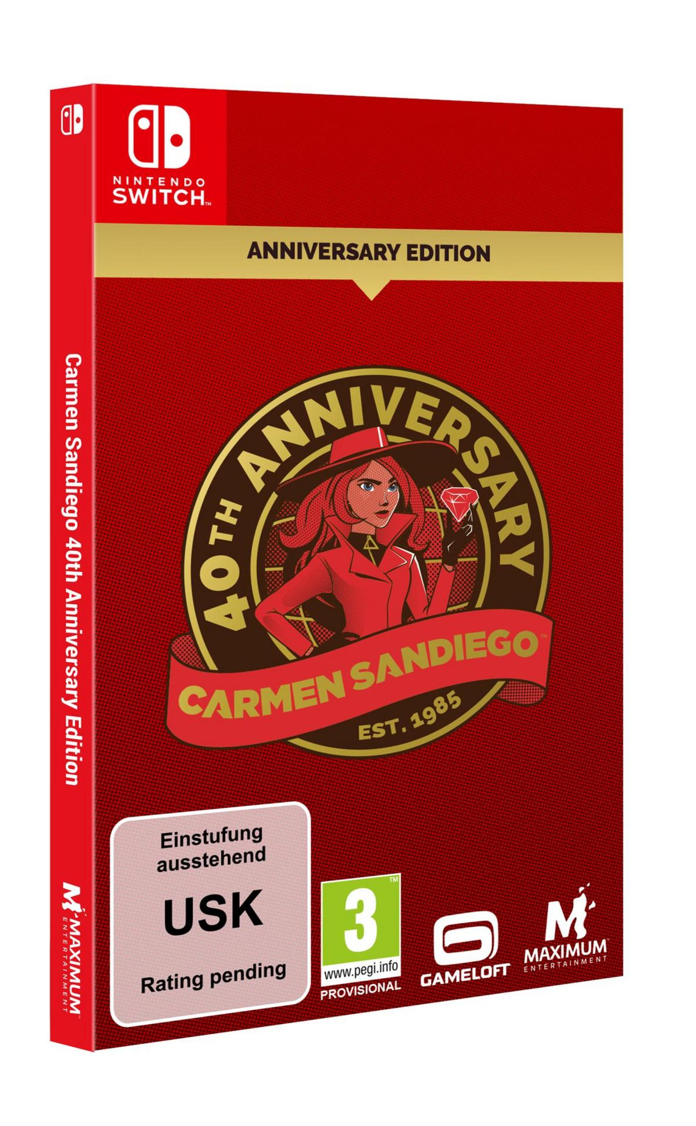 Scatola del gioco: Carmen Sandiego, 40° anniversario. Scatola rossa, illustrazione del personaggio.