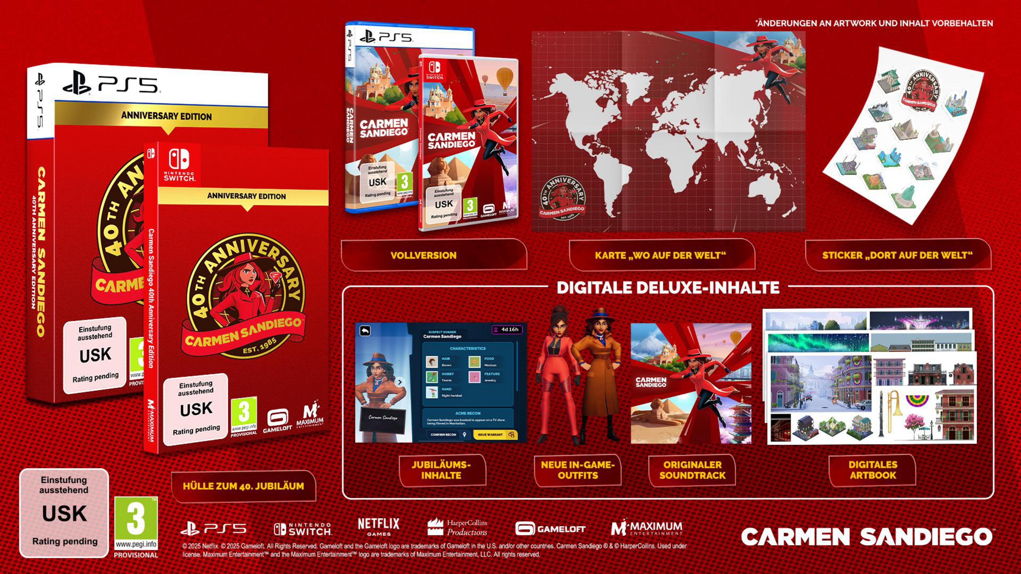 Esposizione dell'edizione 40° anniversario di Carmen Sandiego. Scatole di gioco, mappa, arte dei personaggi ed extra.