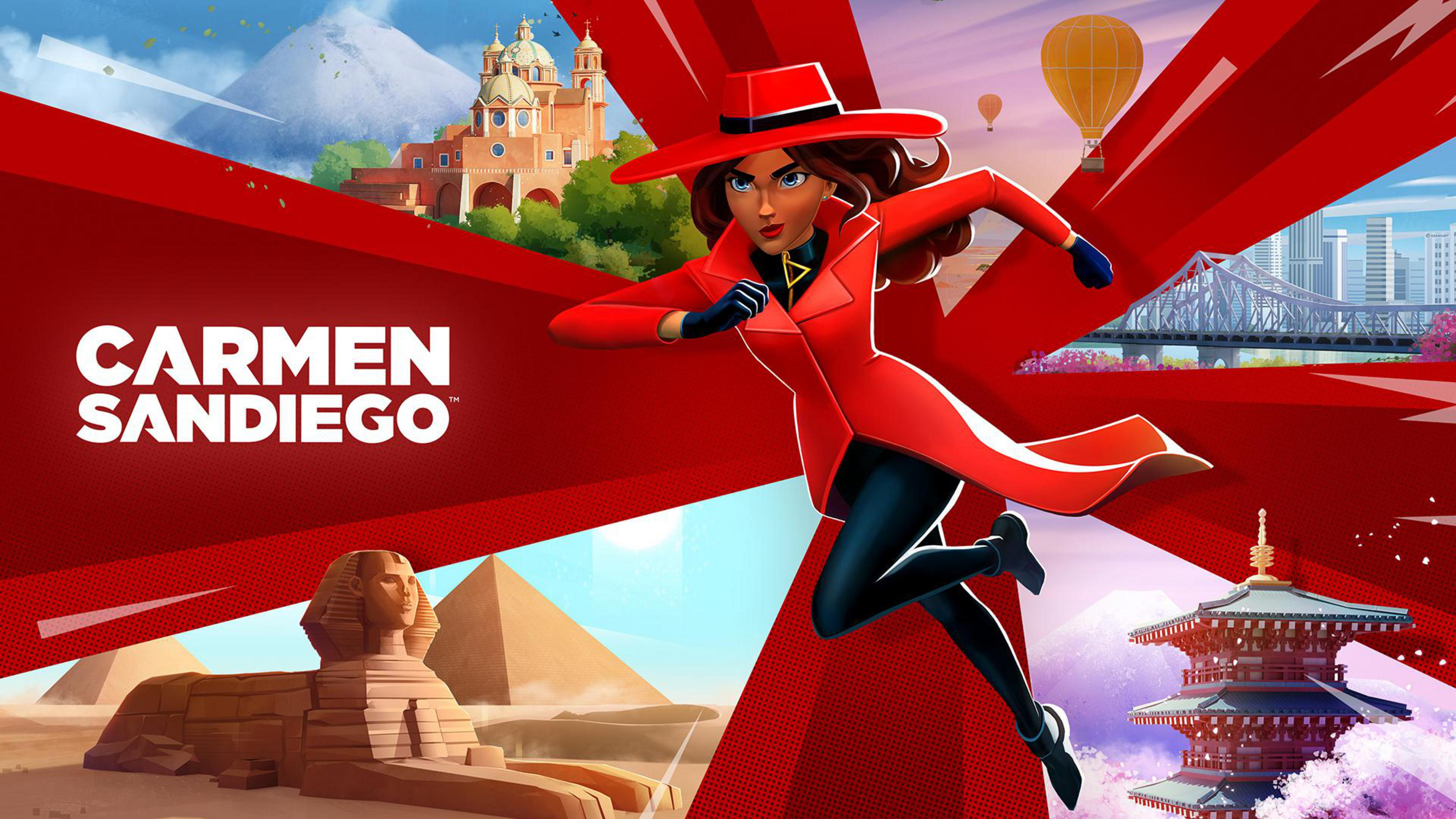 Carmen Sandiego corre con illustrazioni di città e punti di riferimento.