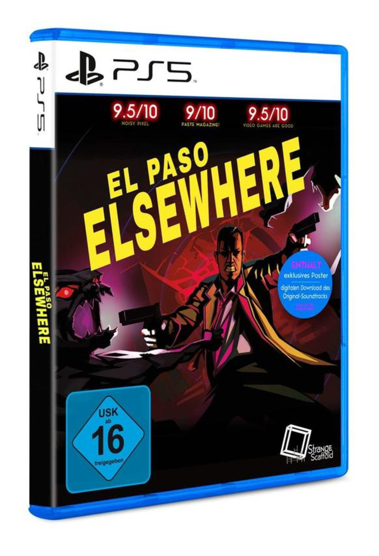 Spielbox-Art. Ein Mann mit Waffen, Titel 'El Paso Elsewhere' und Bewertungsergebnisse für die PS5.