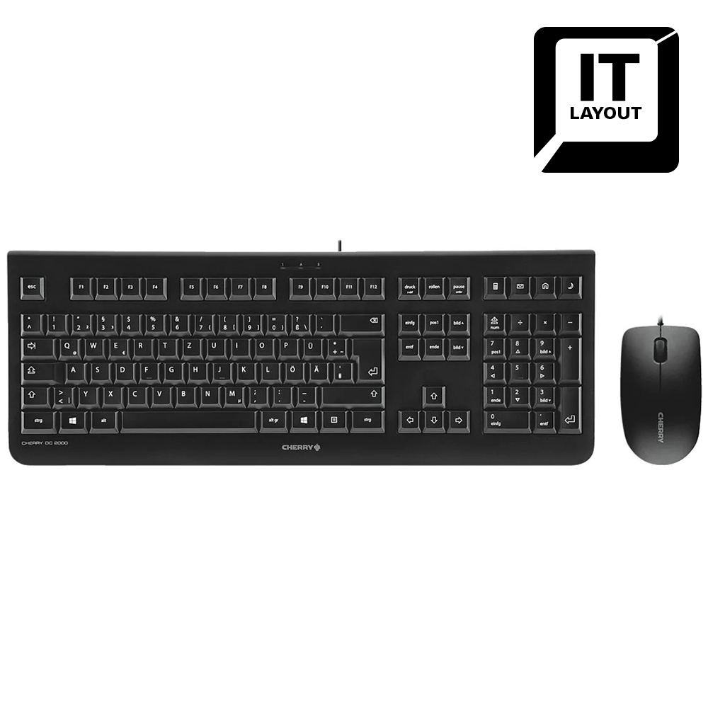 Un set tastiera e mouse neri con layout IT, su una superficie bianca.