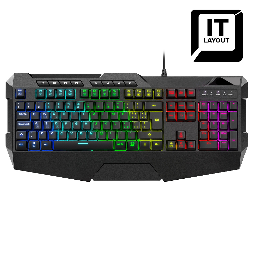 Tastiera da gioco nera con tasti multicolore. Layout IT e cavo.