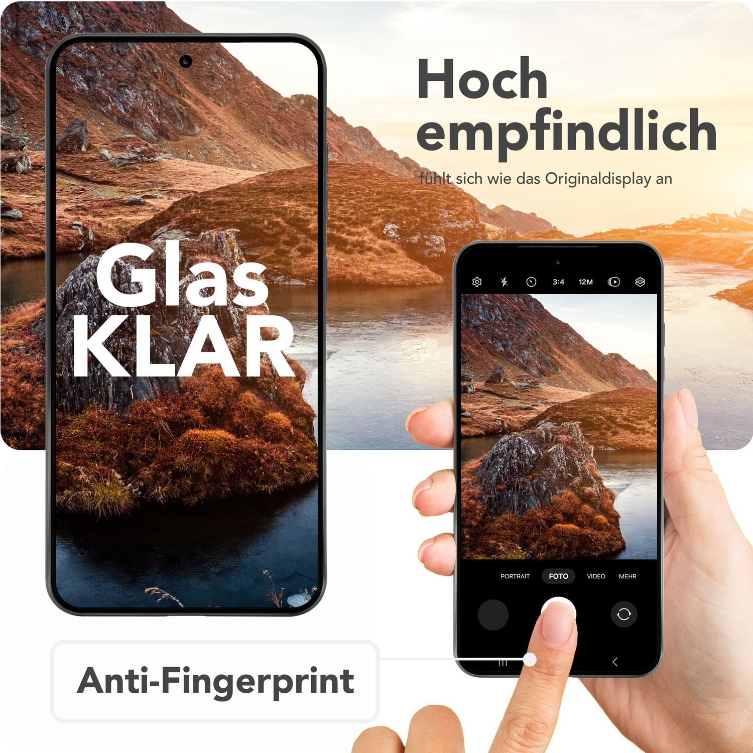 Un smartphone avec un protecteur d'écran, montrant une image de paysage.