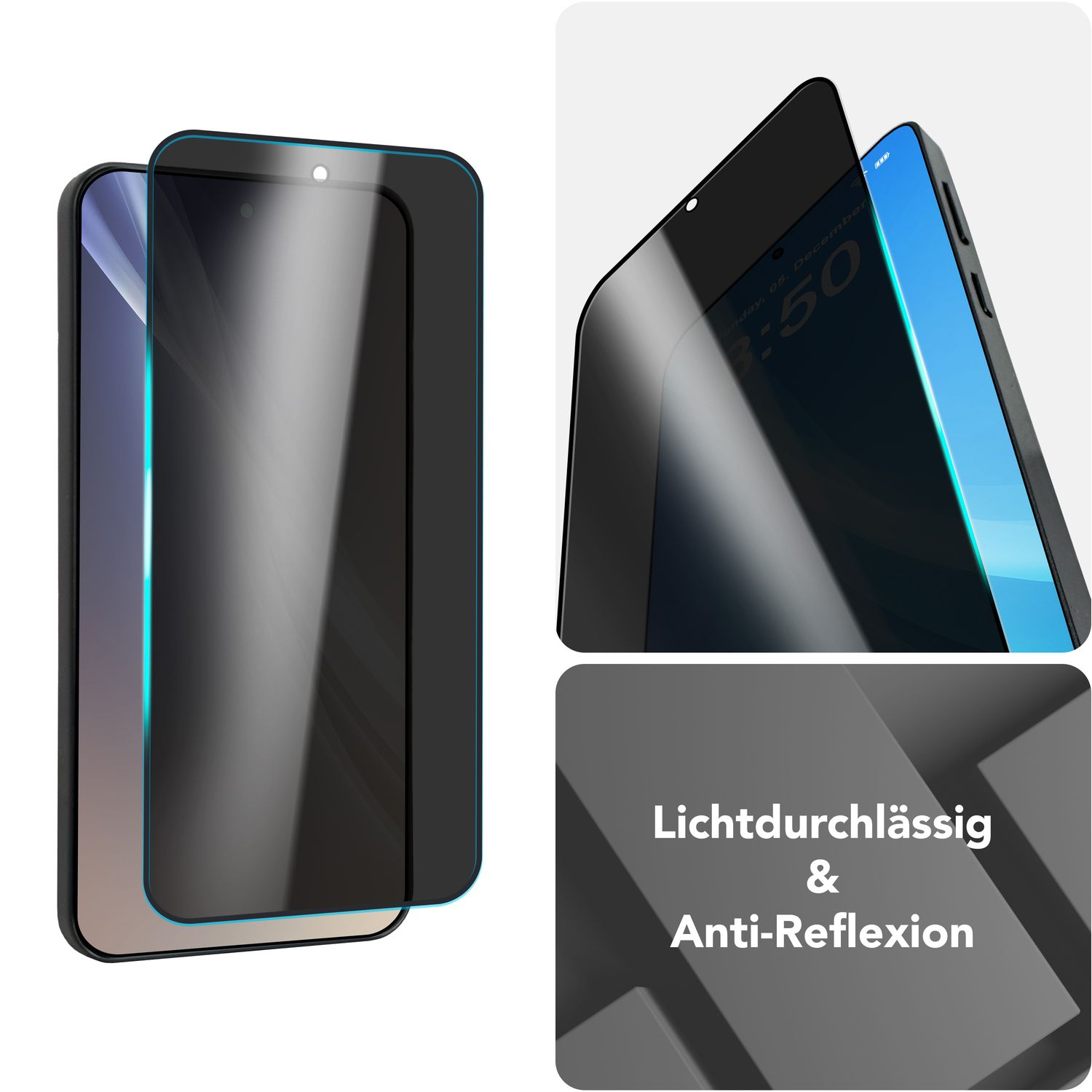 Téléphone avec protecteur d'écran et un téléphone sur le côté droit, en gros plan.