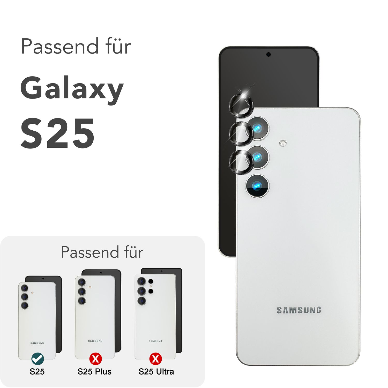 Telefon mit Schutz, Text: Galaxy S25. Telefonvergleich: S25, S25 Plus, S25 Ultra, mit Häkchen.