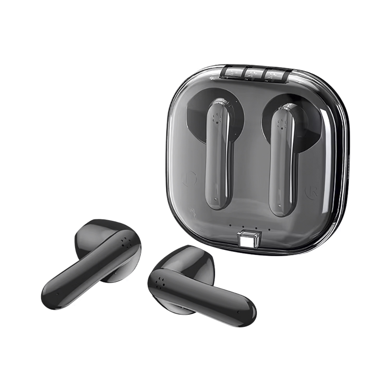 Auricolari wireless neri e custodia di ricarica. Eleganti e moderni. Custodia trasparente.