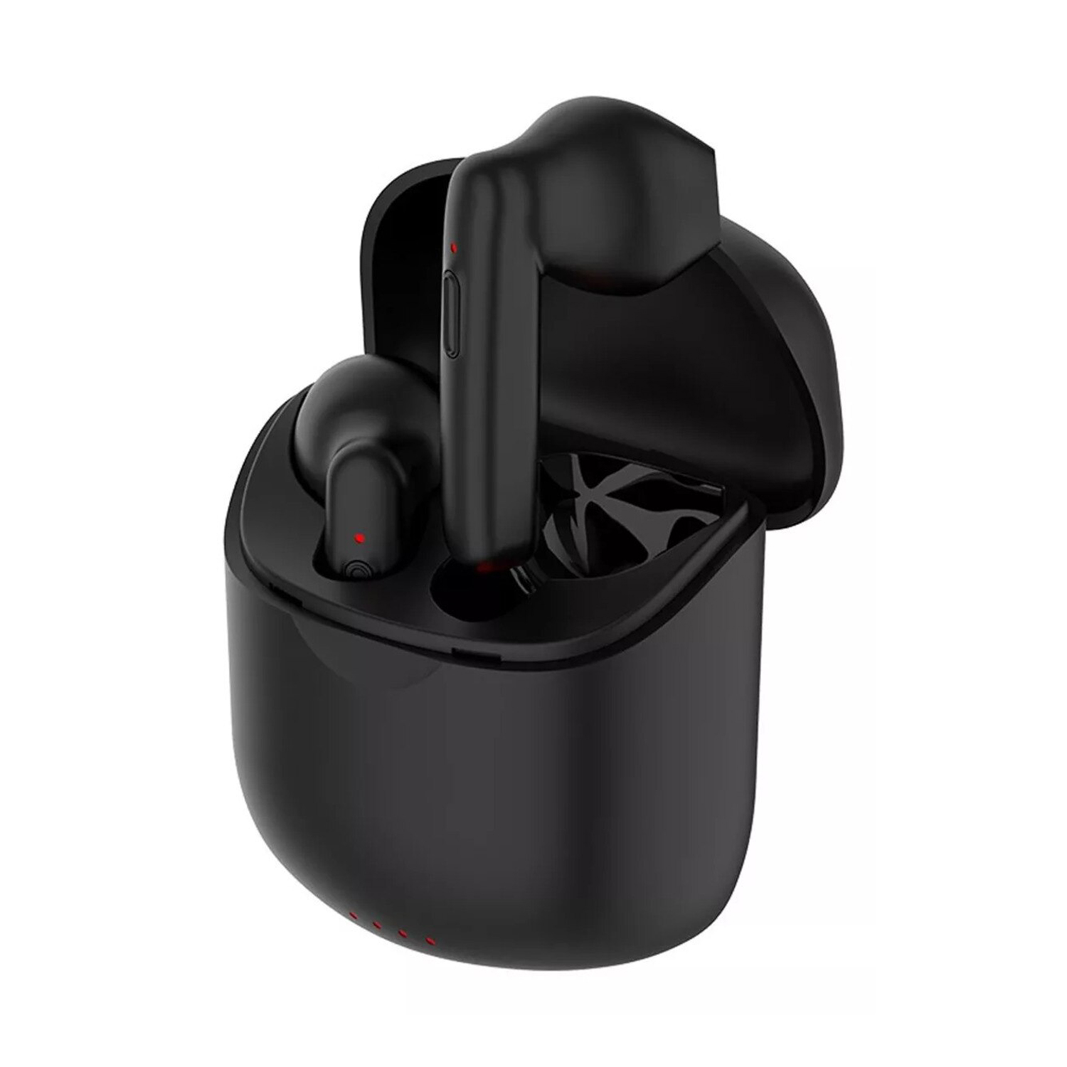 Auricolari wireless neri in custodia di ricarica aperta, con spie rosse.