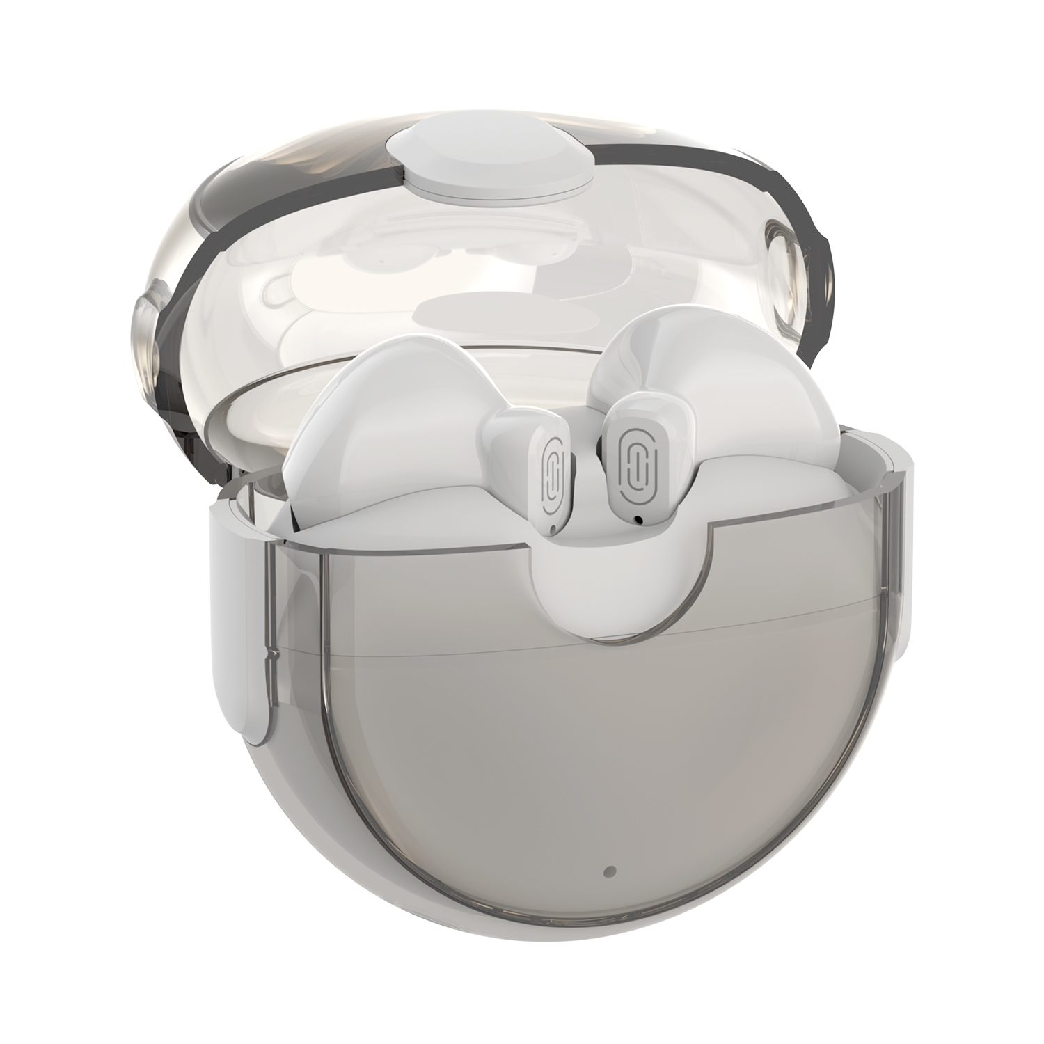Auricolari wireless bianchi in una custodia di ricarica bianca e trasparente, isolati su bianco.