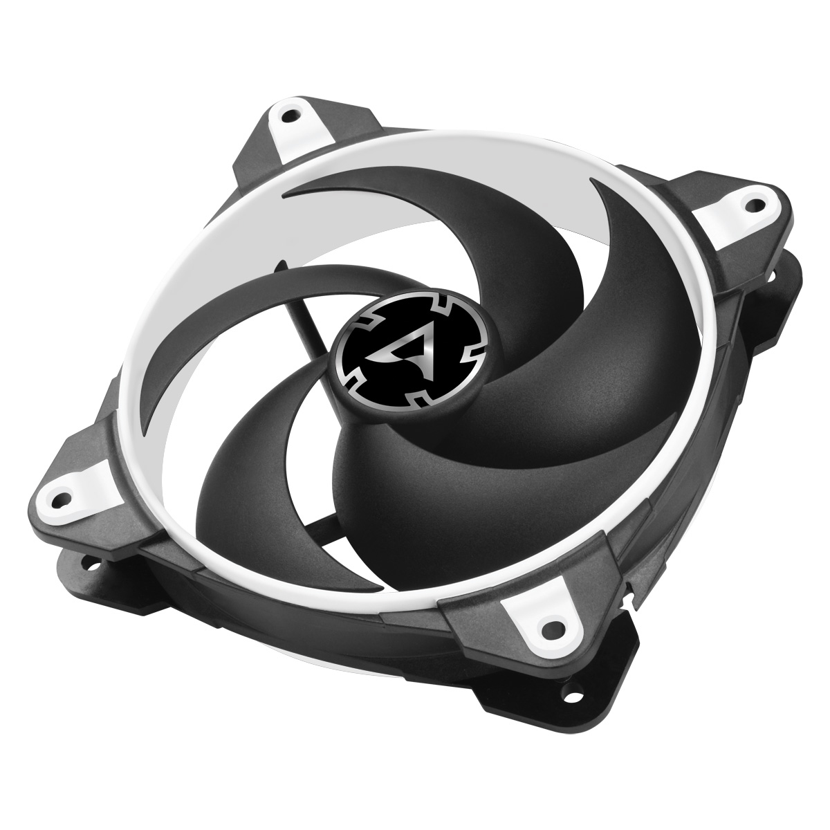 Ventilateur noir et blanc avec cinq pales, logo Arctic central, cadre noir et blanc avec trous de montage.