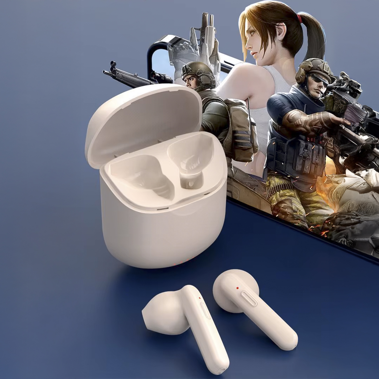 Auricolari wireless bianchi e custodia di ricarica con sfondo a tema gaming.