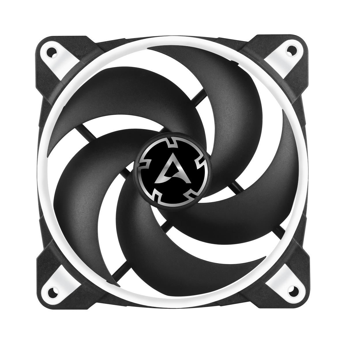 Ventilateur noir et blanc. Cinq pales. Cadre blanc avec coins noirs. Logo Arctic au centre.