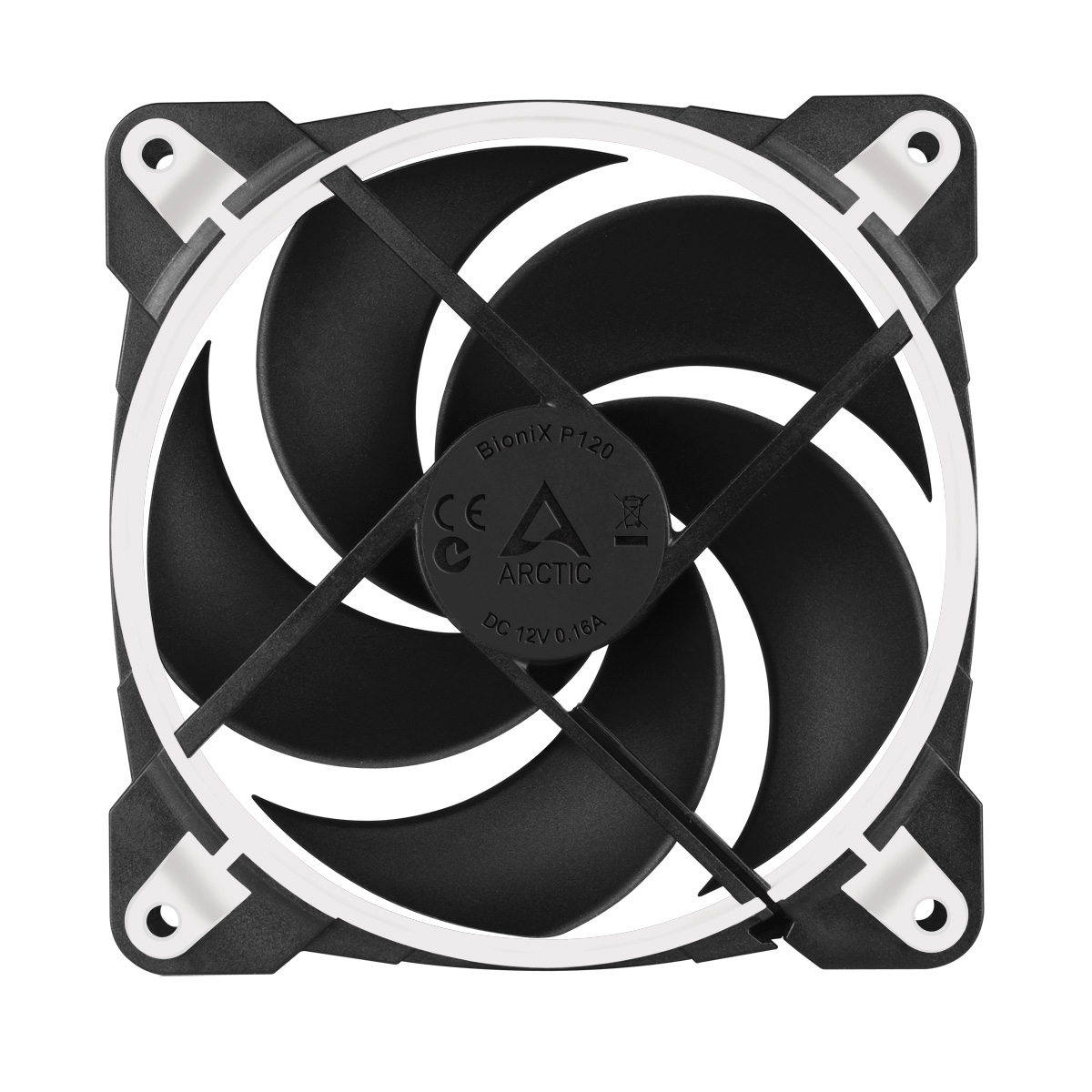 Ventilateur d'ordinateur, pales noires et cadre blanc. Il a un design circulaire, avec le logo Arctic au centre.
