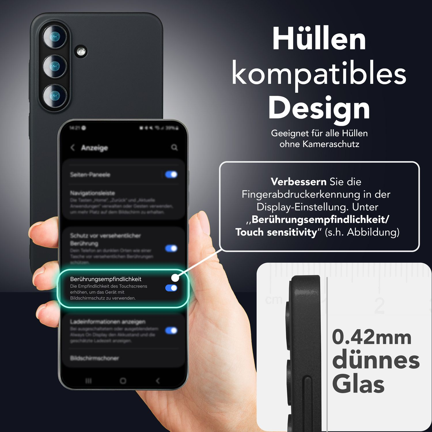 Un téléphone affichant des paramètres. L'écran montre des options comme la 'sensibilité tactile' et a un verre protecteur.