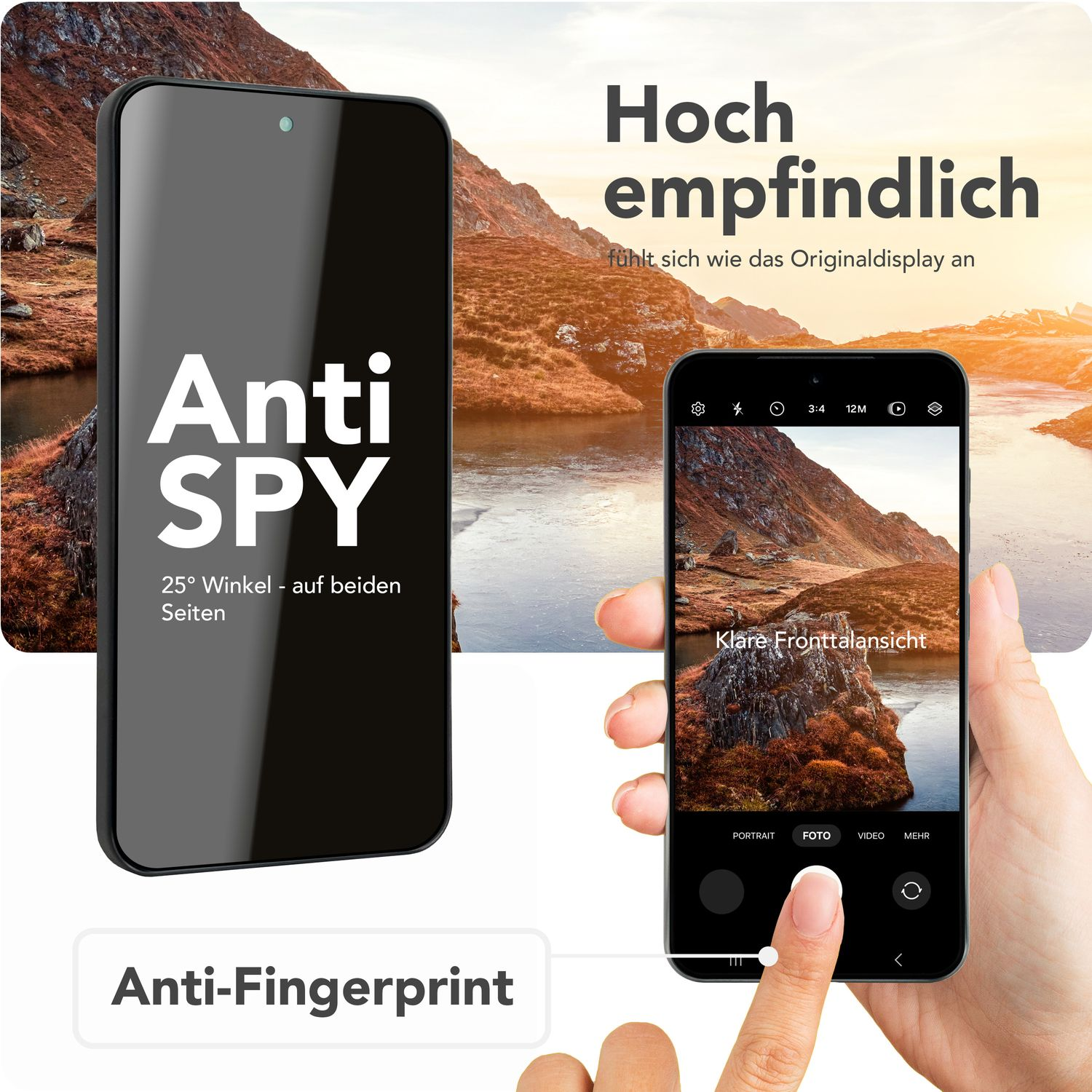 Un téléphone affichant l'écran d'un autre téléphone. L'écran du téléphone montre les montagnes et un texte qui dit Anti Spy.