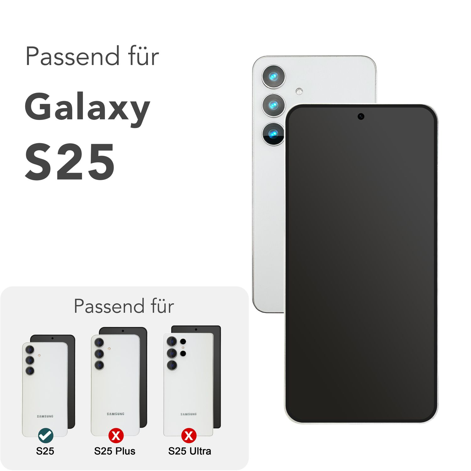 Protections d'écran de téléphone et modèles de téléphone. L'image montre la compatibilité avec les modèles Galaxy S25.