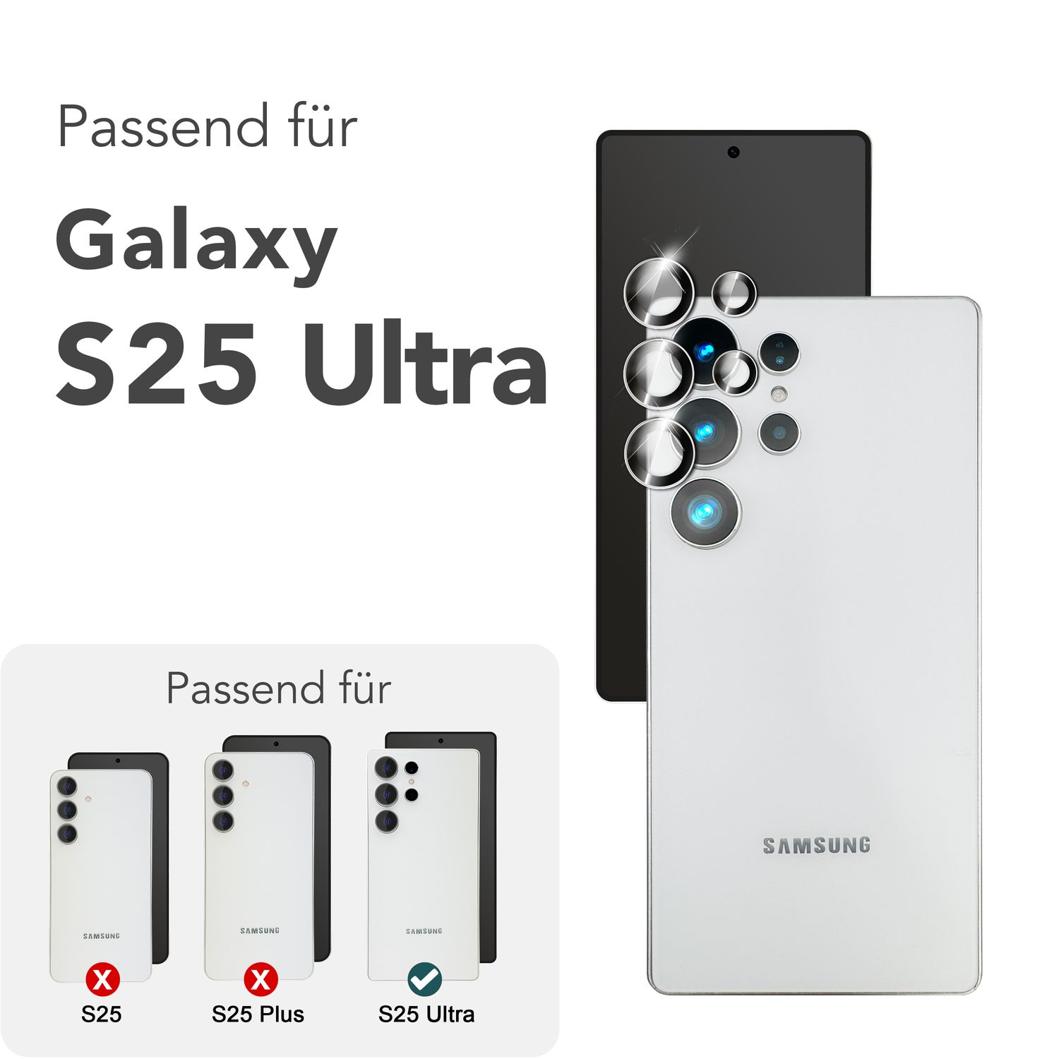 Protections d'écran de téléphone et modèles de téléphone. Montre la compatibilité avec les modèles Galaxy S25 Ultra.