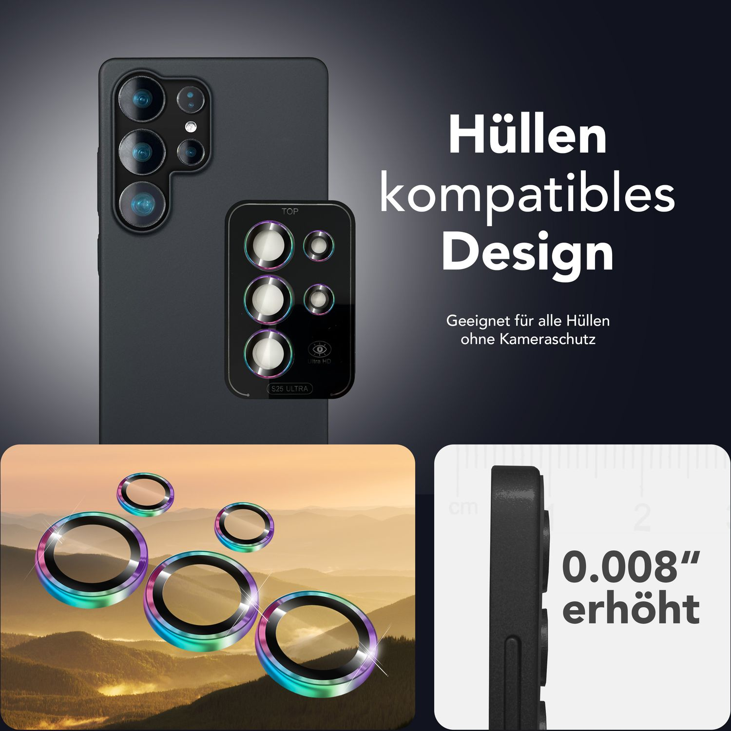 Un téléphone avec protecteurs d'objectif d'appareil photo. Les protecteurs sont iridescents et couvrent l'ensemble caméra du téléphone.
