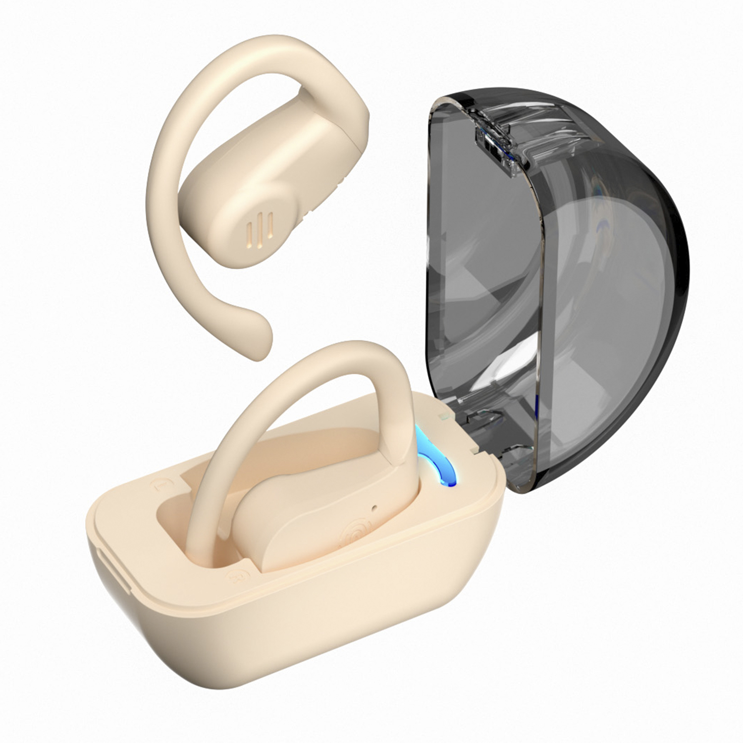 Auricolari beige in una custodia aperta. Un auricolare staccato, custodia aperta. Sfondo bianco.
