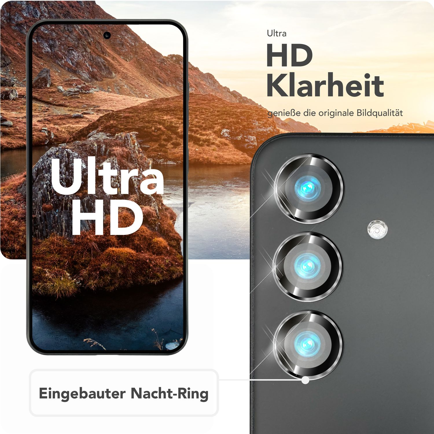 Téléphone avec protections d'objectif. Souligne la clarté ultra HD et l'anneau de nuit intégré.