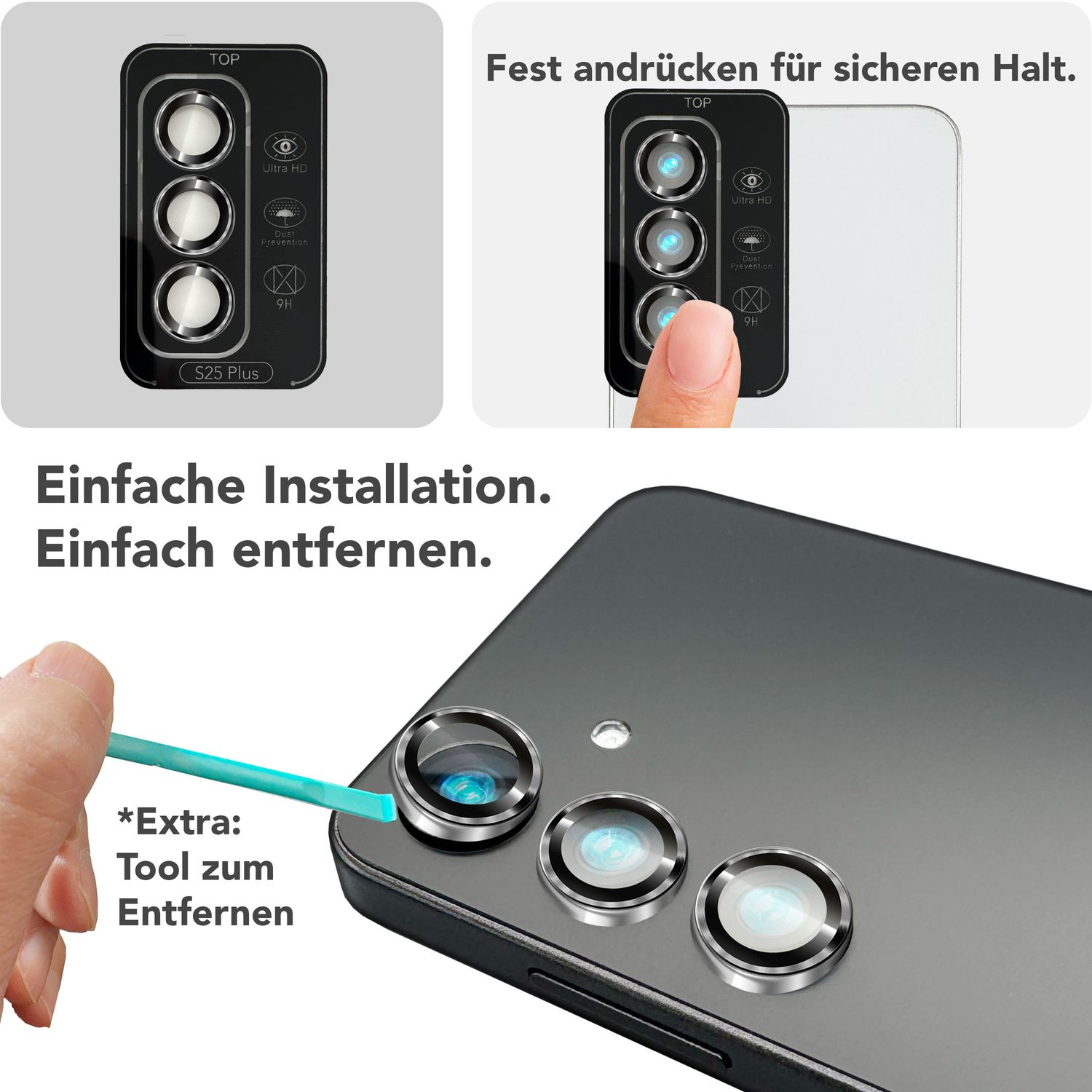 Téléphone avec protections d'objectif. L'image montre le téléphone et les protections avec un outil.