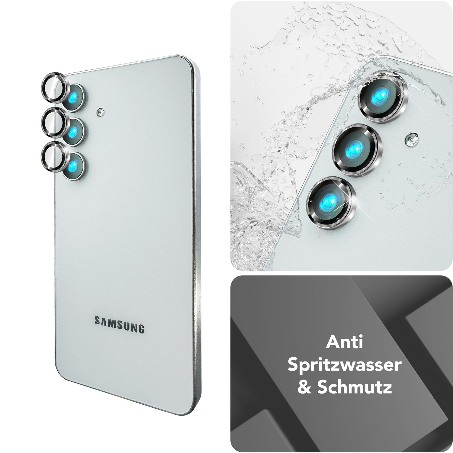 Weißes Telefon mit Kameraobjektivschutz und Wasserspritzer, und Text.