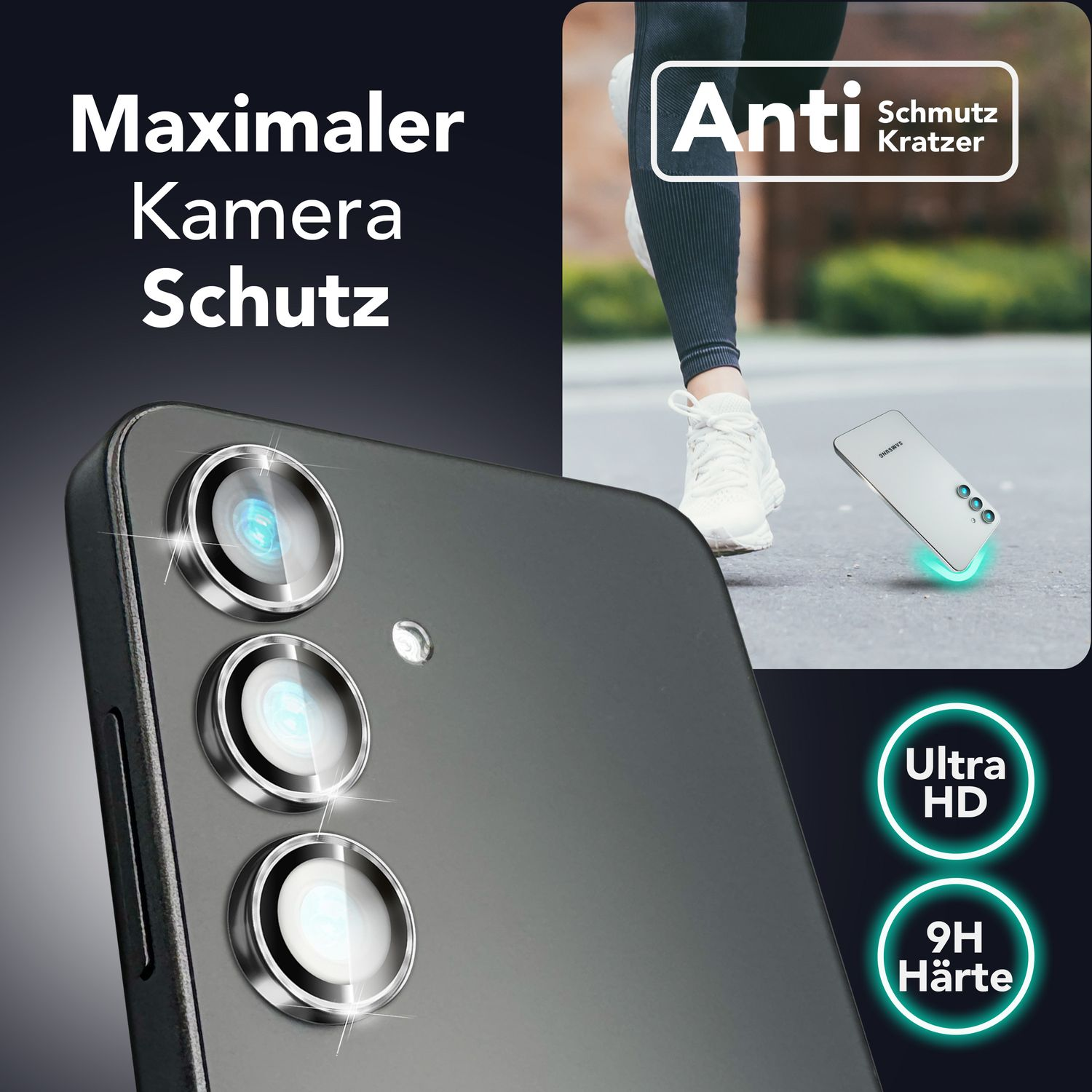 Telefon mit Kameralinsen, Text: Kameraschutz, Ultra HD und 9H Härte.