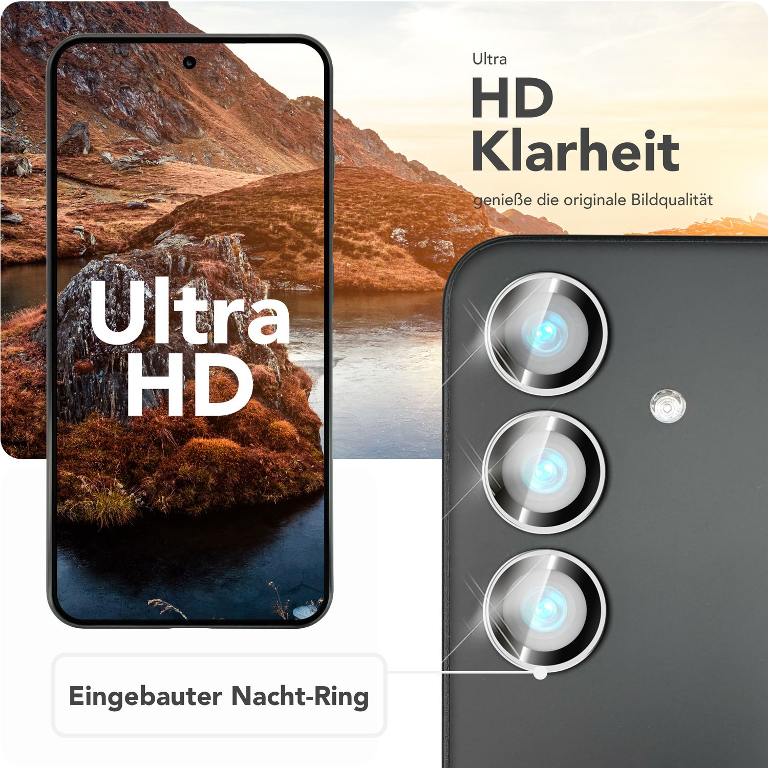 Telefon, das eine Nahaufnahme der Kameralinsen und -funktionen zeigt.