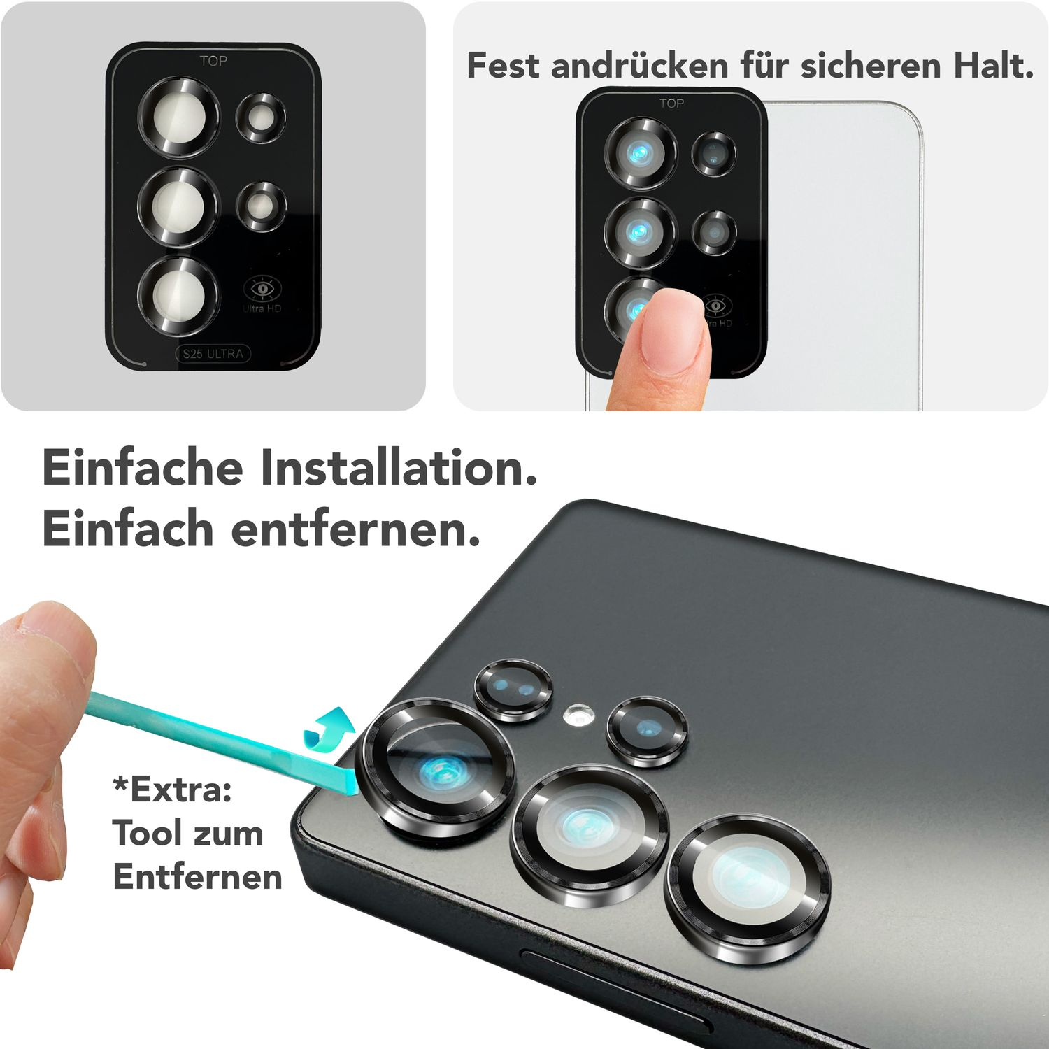 Gros plan d'un téléphone auquel on applique des protections d'objectif de caméra.