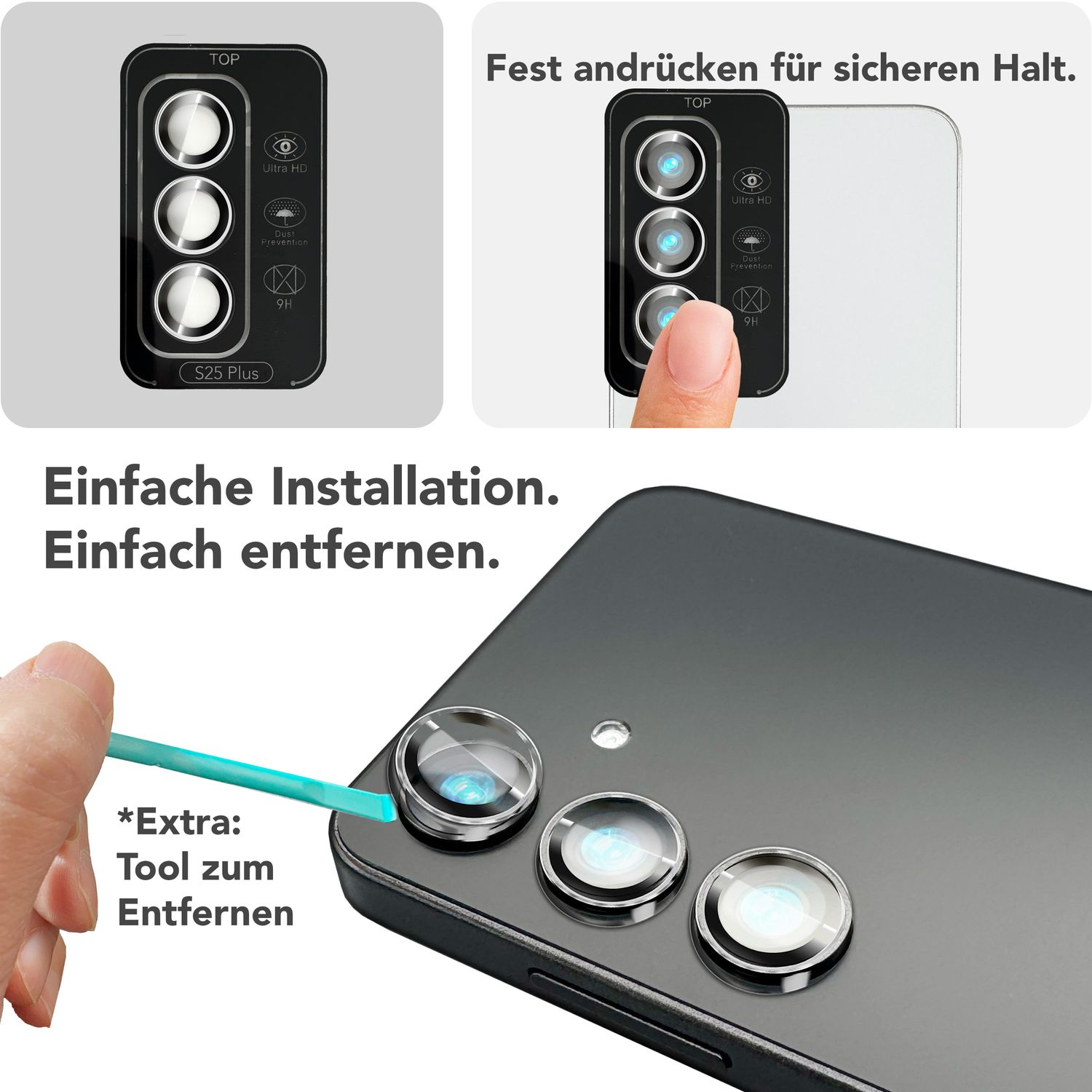 Téléphone avec protection d'objectif. Texte: Installation et retrait faciles. Outil supplémentaire pour retirer.