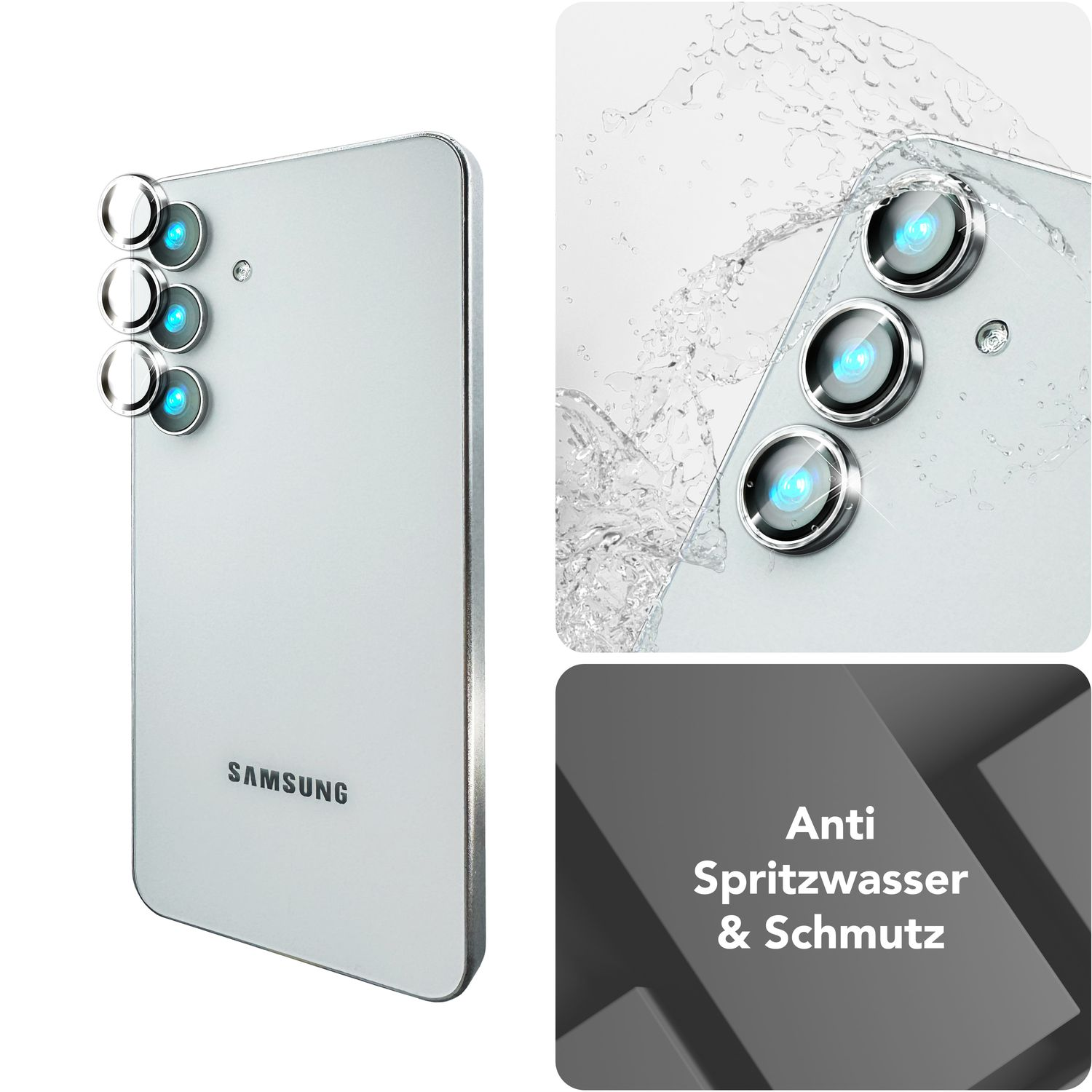 Telefon mit Kameraschutz und Wasser, das auf die Linsen spritzt.