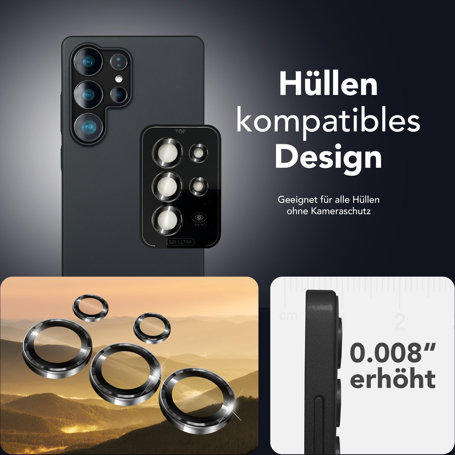 Téléphone avec protections d'objectif et étui. Texte: Design compatible avec les étuis. 0.008" surélevé. Paysage doré.