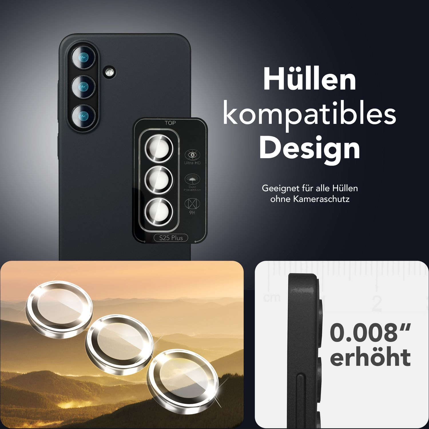 Téléphone avec protections d'objectif et étui. Texte: Design compatible avec les étuis. 0.008" surélevé. Paysage doré.