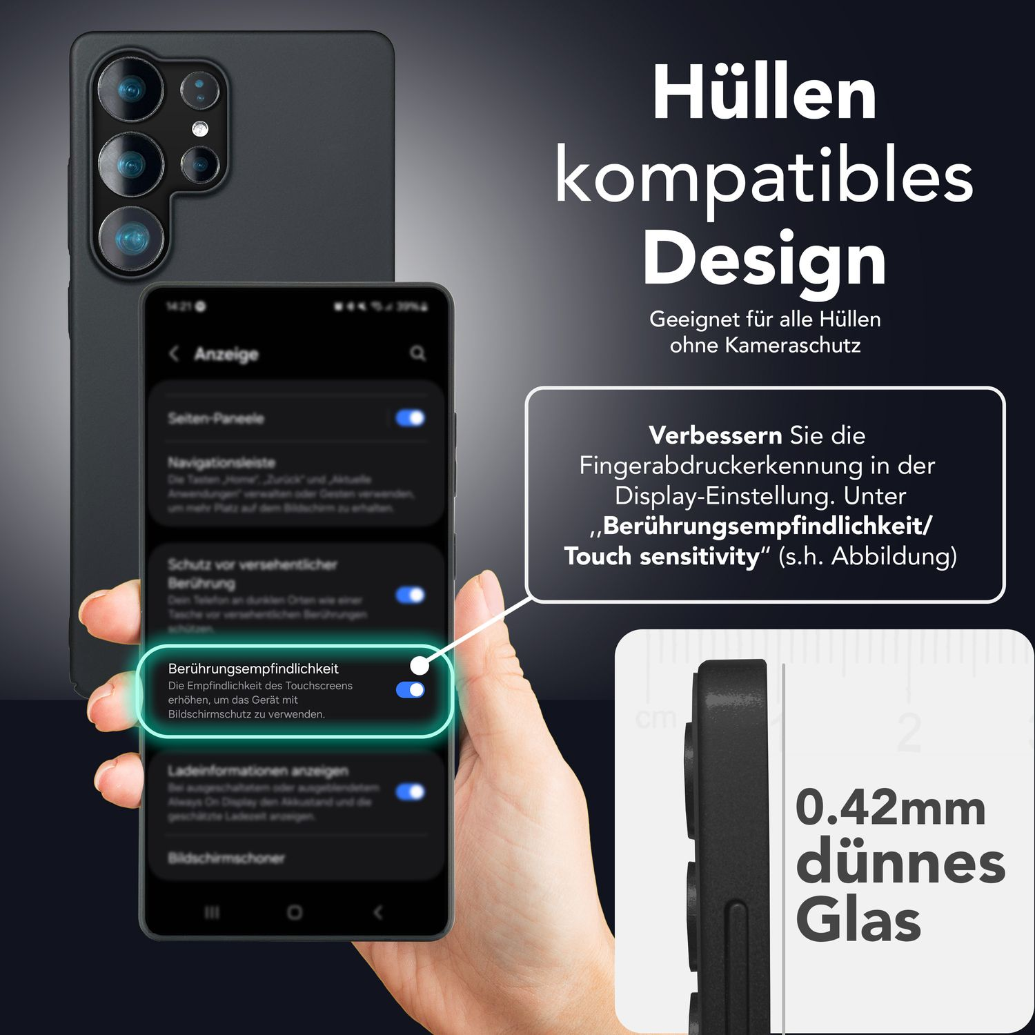 Image d'un téléphone noir avec étui noir. Une main tient un écran de téléphone avec des paramètres.