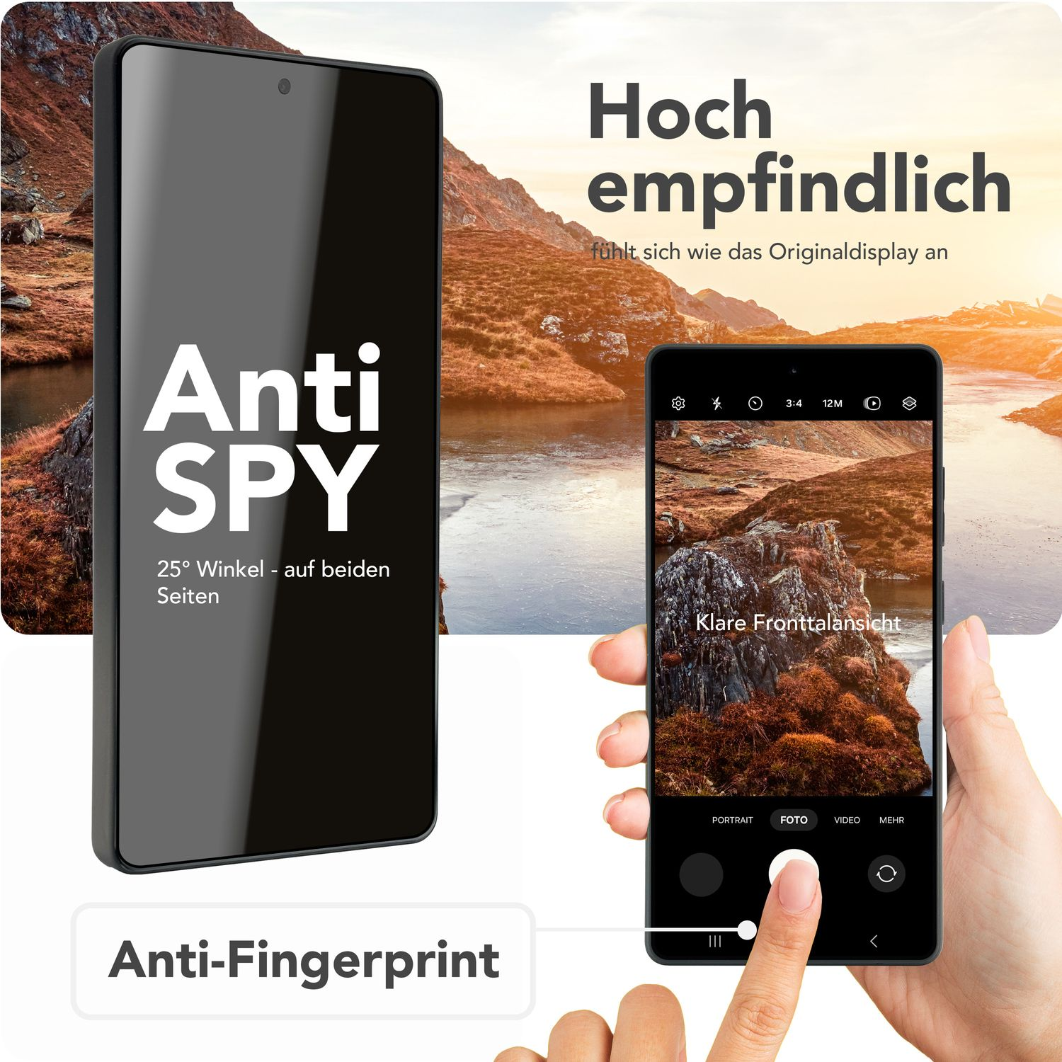 Téléphone avec protection d'écran. Texte: Anti-ESPION, angle de 25°, Anti-traces de doigts. Affiche un paysage.