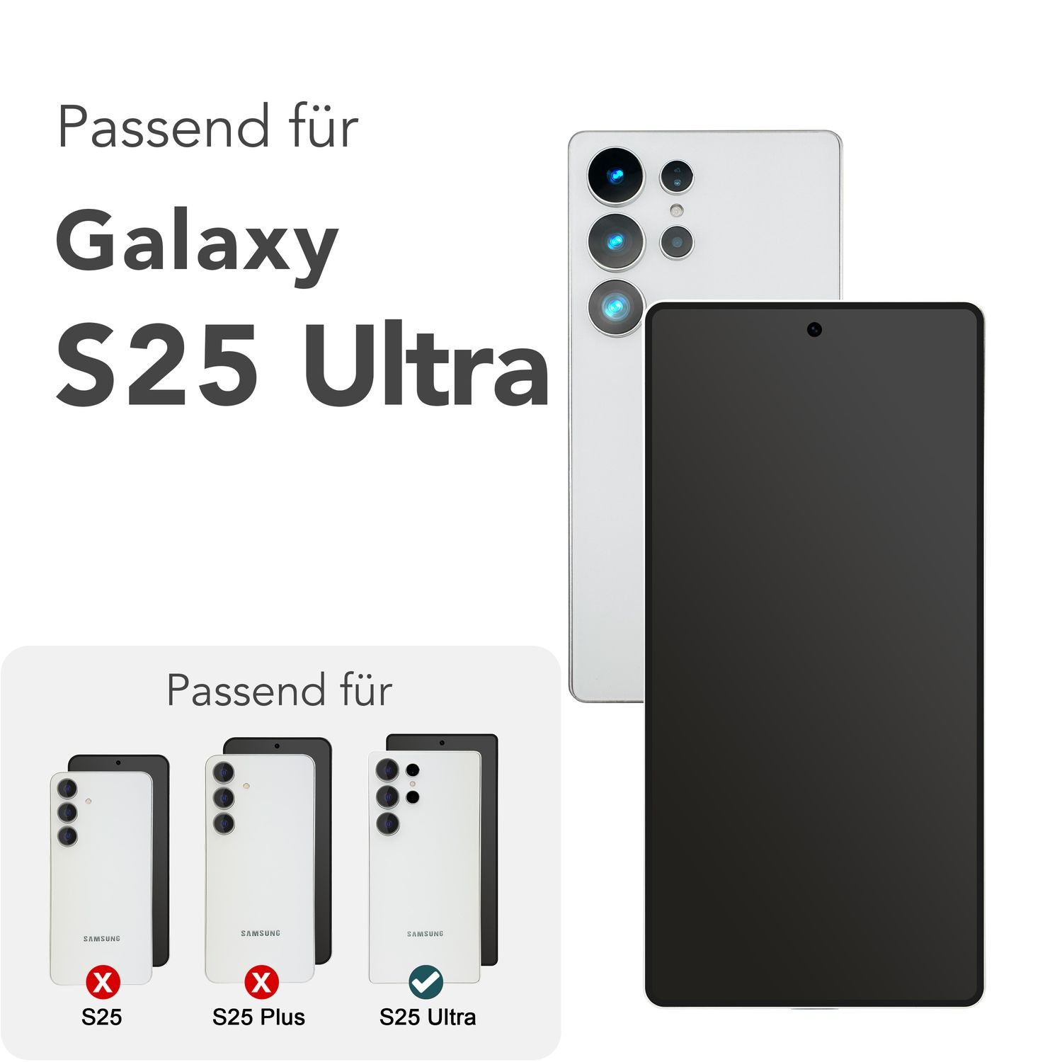 Téléphones compatibles avec Samsung Galaxy S25 Ultra. Texte: Convient pour S25 Ultra, pas pour S25 ou S25 Plus.