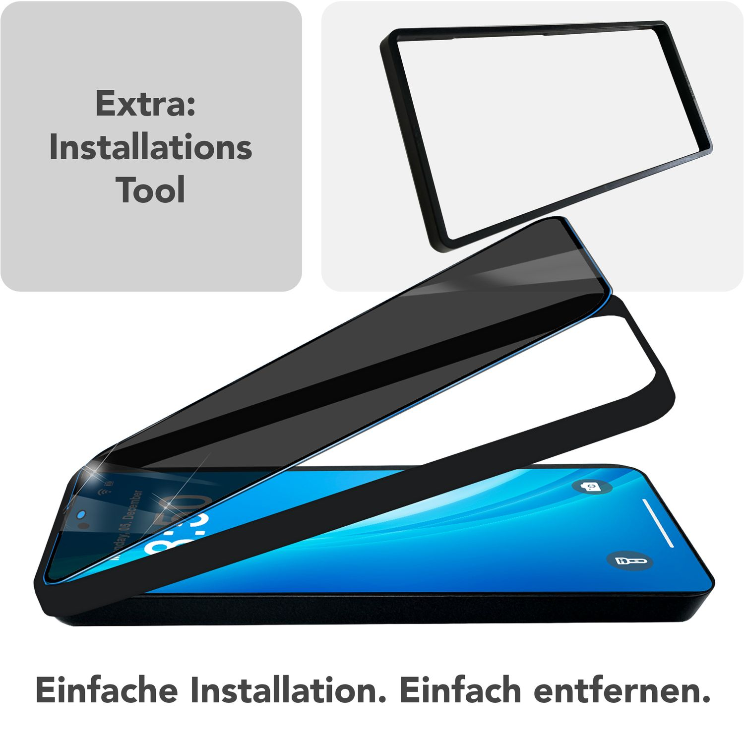 Téléphone avec protection d'écran en cours d'application. Texte: Installation et retrait faciles. Outil d'installation supplémentaire.