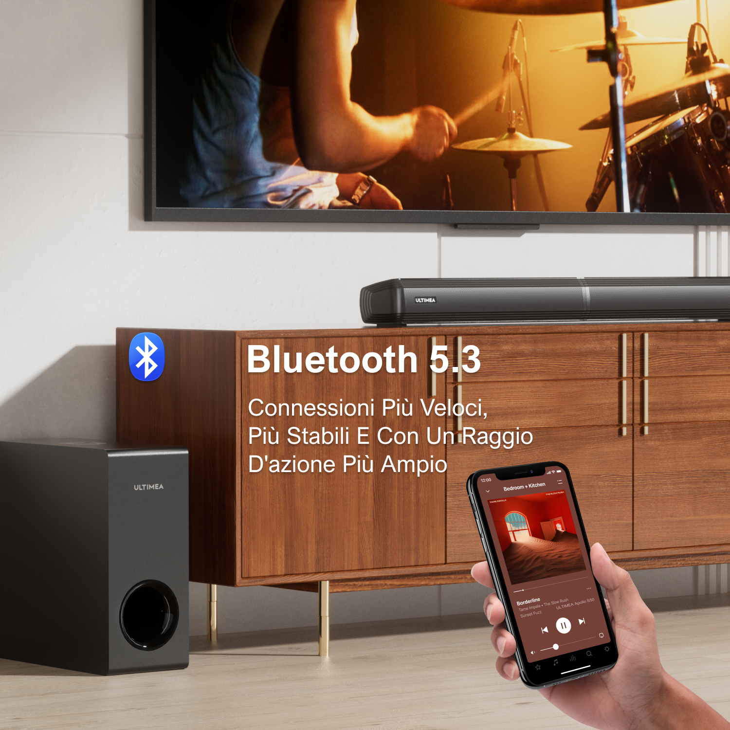 Czarny system głośników, TV i telefon z aplikacją muzyczną. Ikona Bluetooth z tekstem.