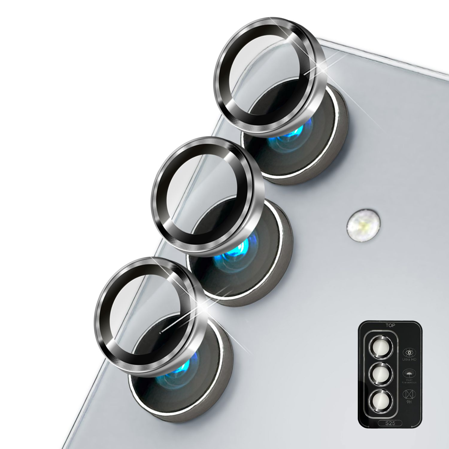 Telefon mit Kameraschutzgläsern, silbernen Ringen und klarem Glas.