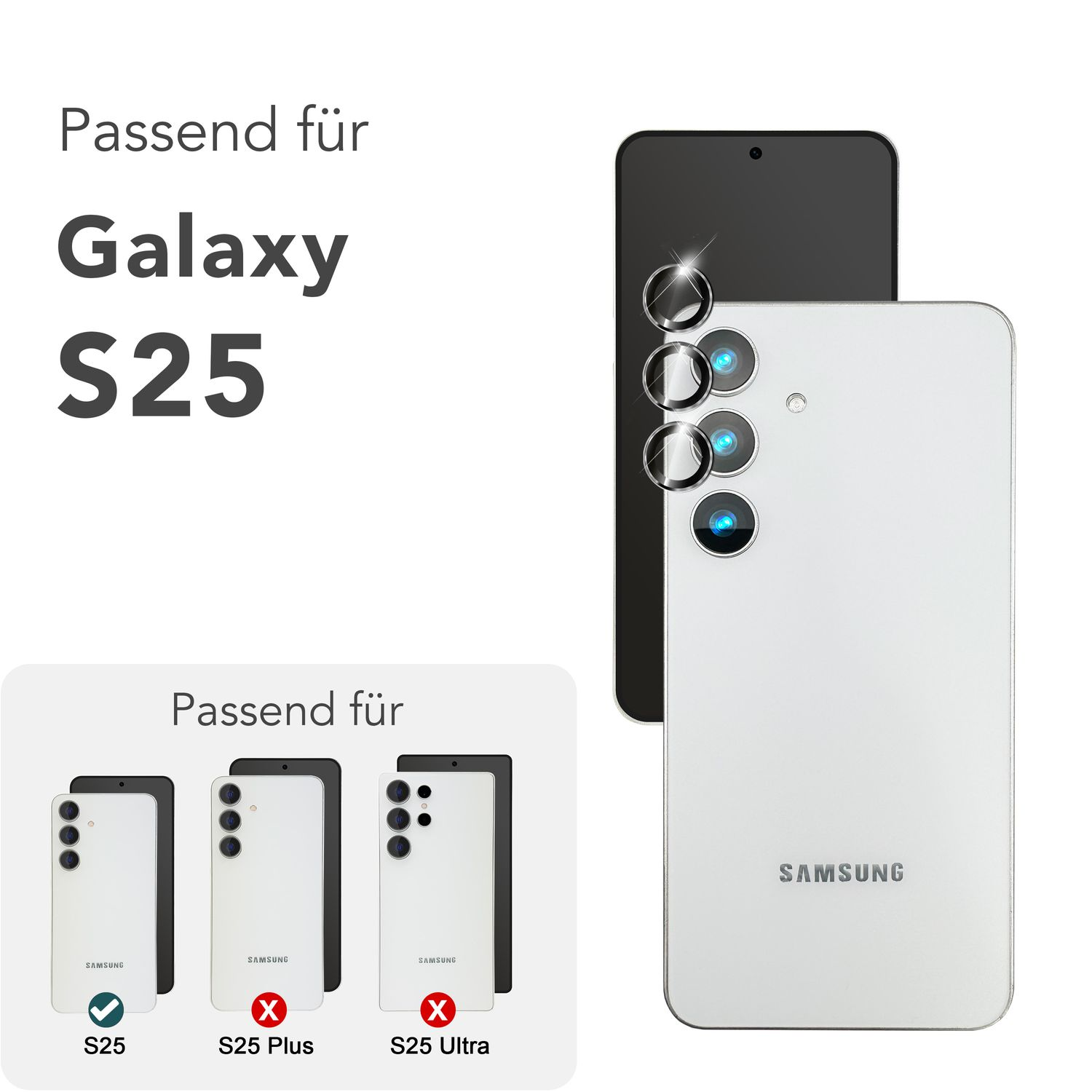 Telefone kompatibel mit Samsung Galaxy S25. Text: Geeignet für S25, nicht für S25 Plus oder S25 Ultra.